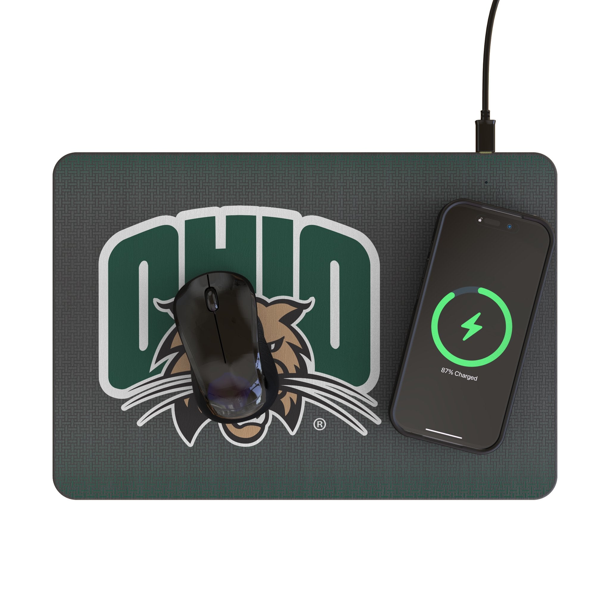 Ohio University Bobcats Linen 15-Watt Wireless Charger and Mouse Pad Lifestyle.Jpg