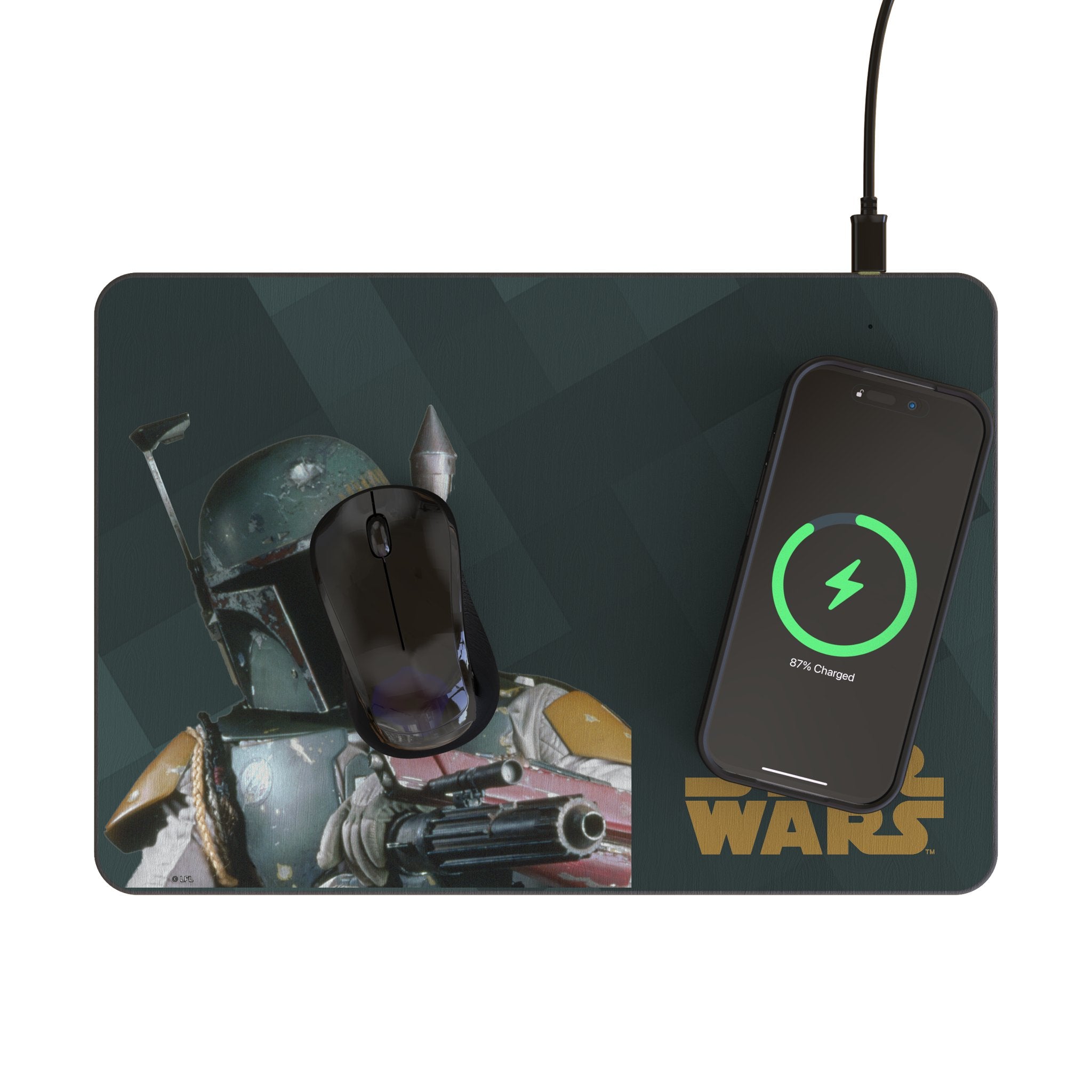 Star Wars Boba Fett Color Block 15-Watt Wireless Charger and Mouse Pad Lifestyle.Jpg