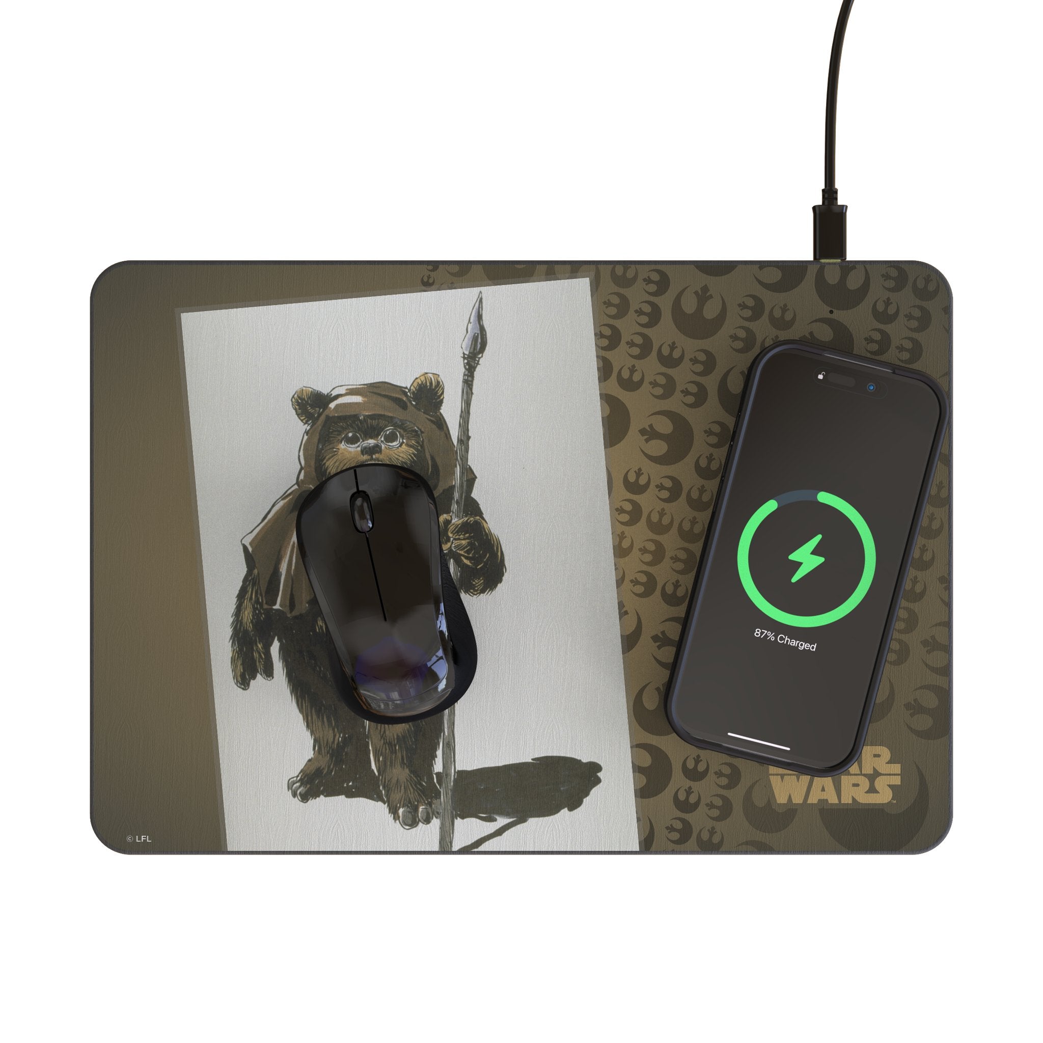Star Wars Ewok Portrait 15-Watt Wireless Charger and Mouse Pad Lifestyle.Jpg