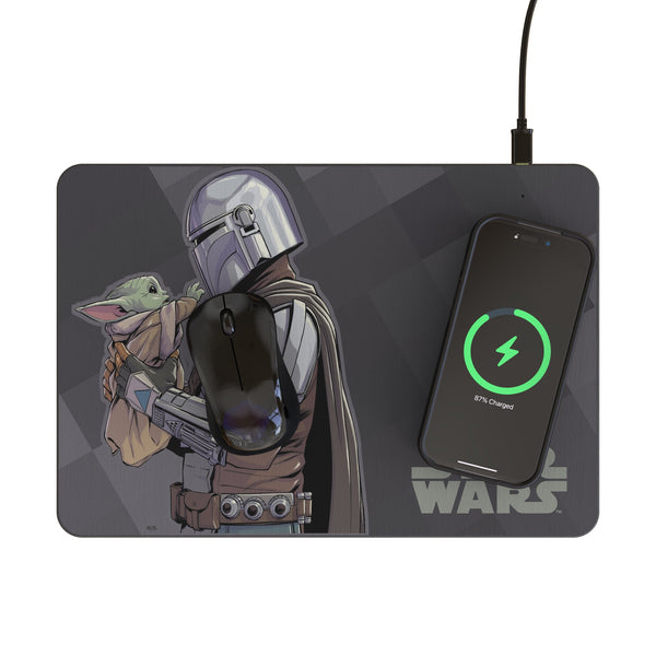 Star Wars: The Mandalorian Grogu and Din Djarin Color Block 15-Watt Wireless Charger and Mouse Pad Lifestyle.Jpg