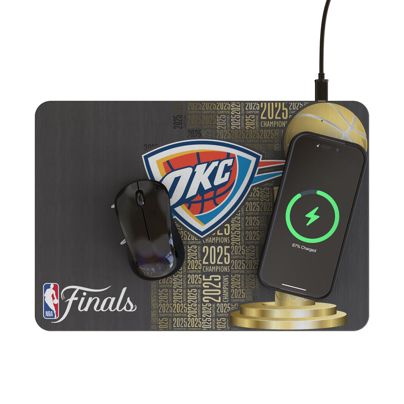 Oklahoma City Thunder 2025 NBA Champions 15-Watt Wireless Charger and Mouse Pad Lifestyle.Jpg