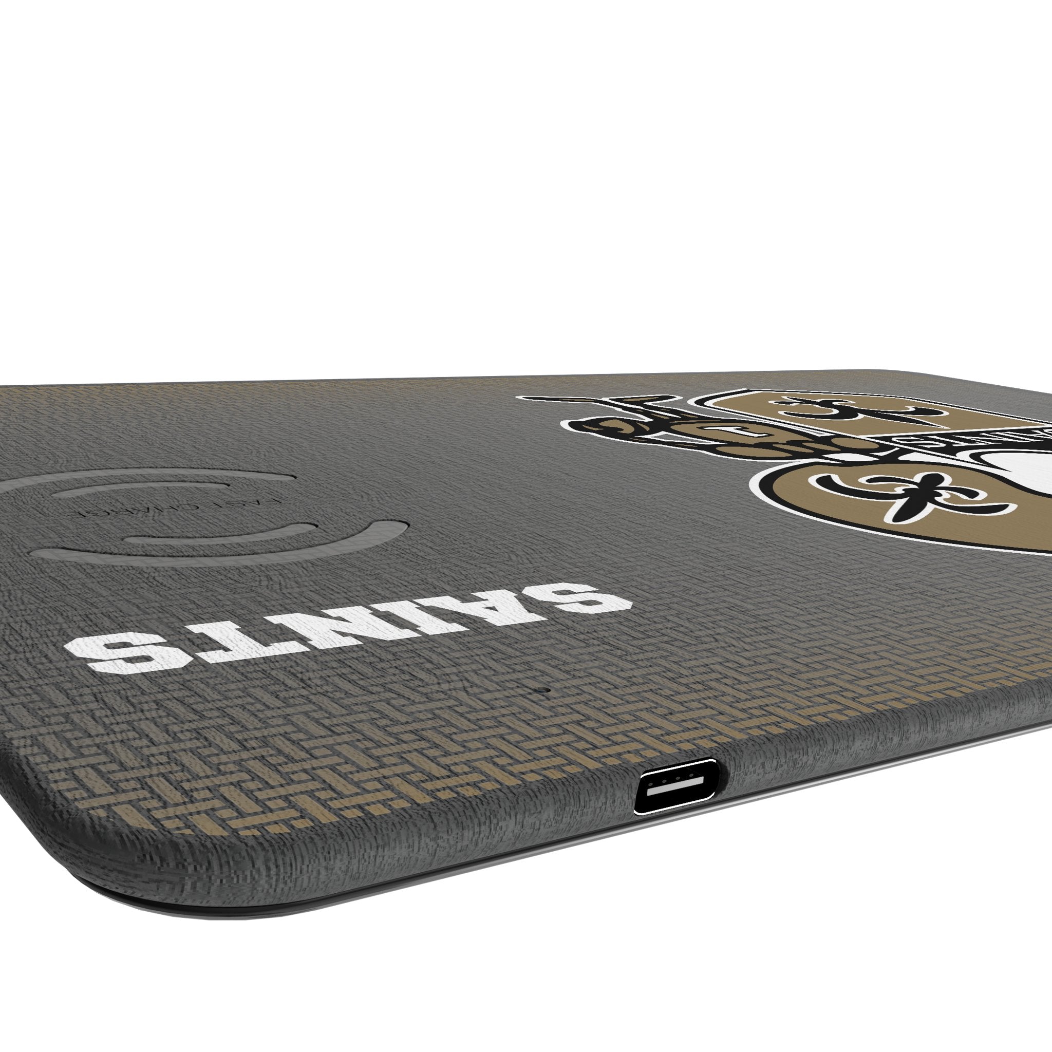 New Orleans Saints Historic Collection Linen 15-Watt Wireless Charger and Mouse Pad Port.Jpg