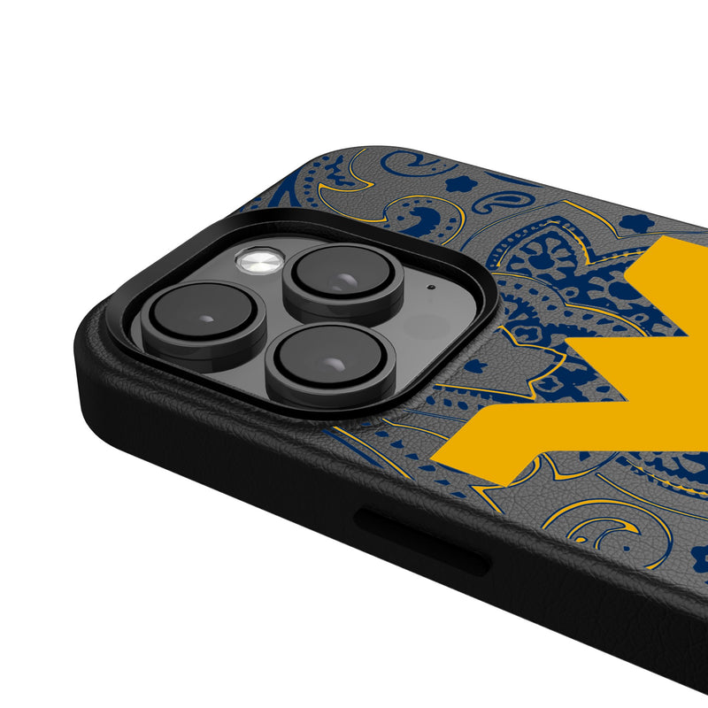 West Virginia University Mountaineers Paisley iPhone MagSafe Compatible Phone Case Detail.Jpg