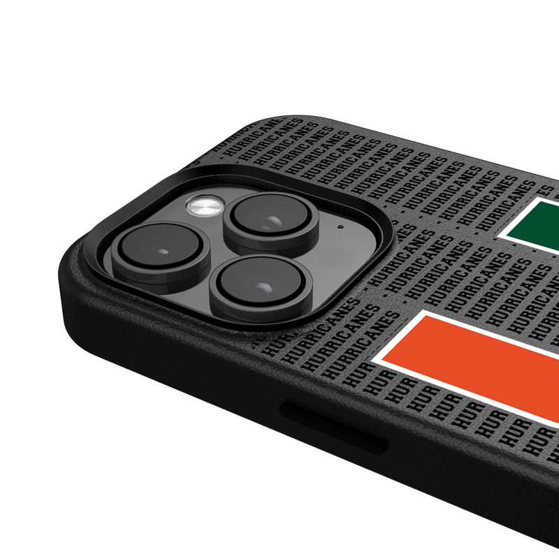 University of Miami Hurricanes Text Backdrop iPhone MagSafe Compatible Phone Case Detail.Jpg