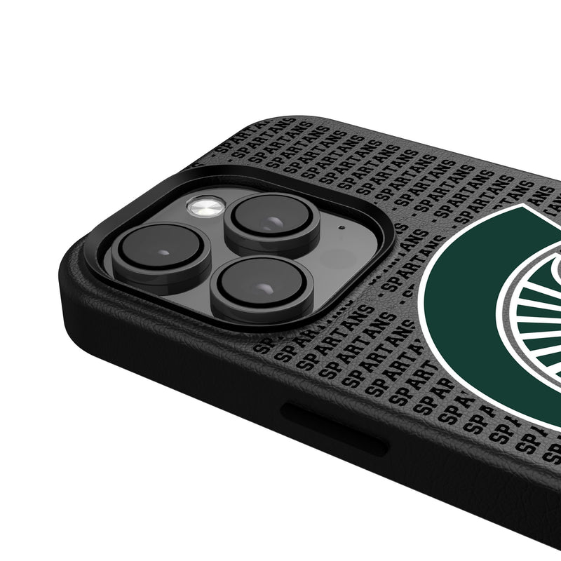 Michigan State University Spartans Text Backdrop iPhone MagSafe Compatible Phone Case Detail.Jpg