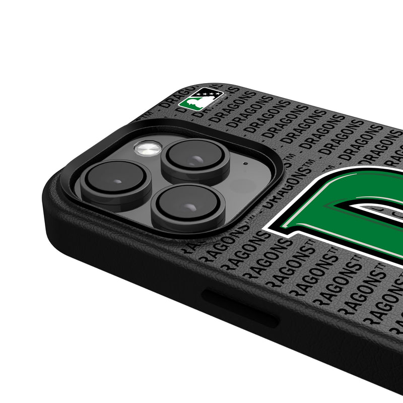 Dayton Dragons Text Backdrop iPhone MagSafe Compatible Phone Case Detail.Jpg