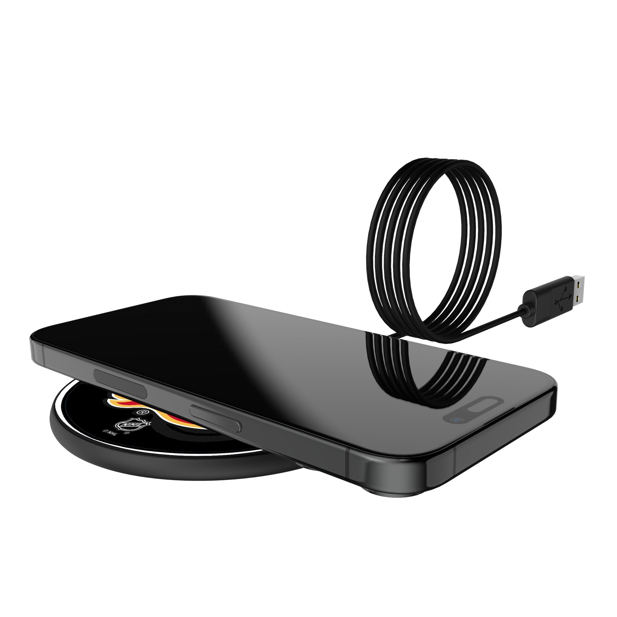 Calgary Flames Monocolor Tilt 15-Watt Wireless Charger Lifestyle.Jpg