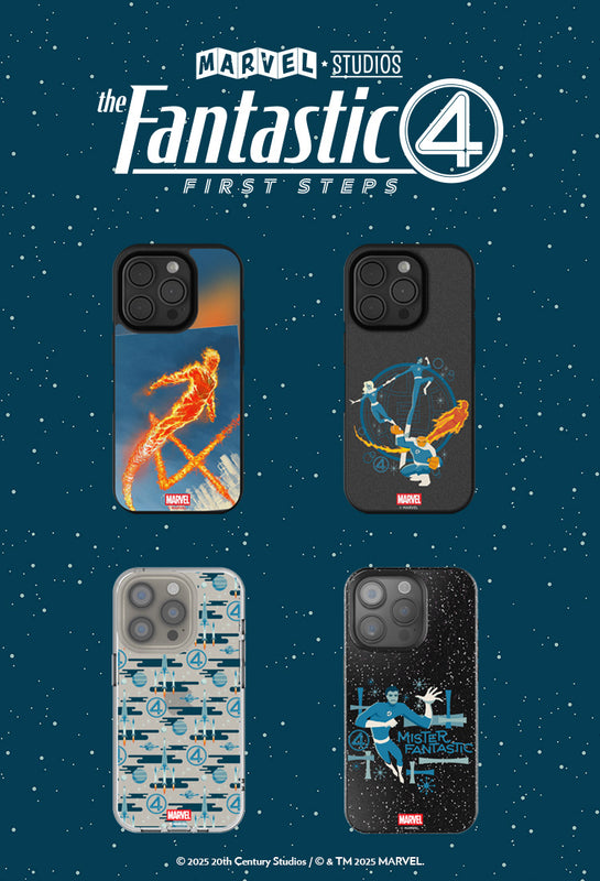 Four phone cases with Marvel designs on a blue background