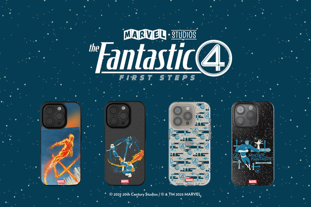 Phone cases inspired by Marvel's 'The Fantastic 4' on a dark blue background with Marvel logo.