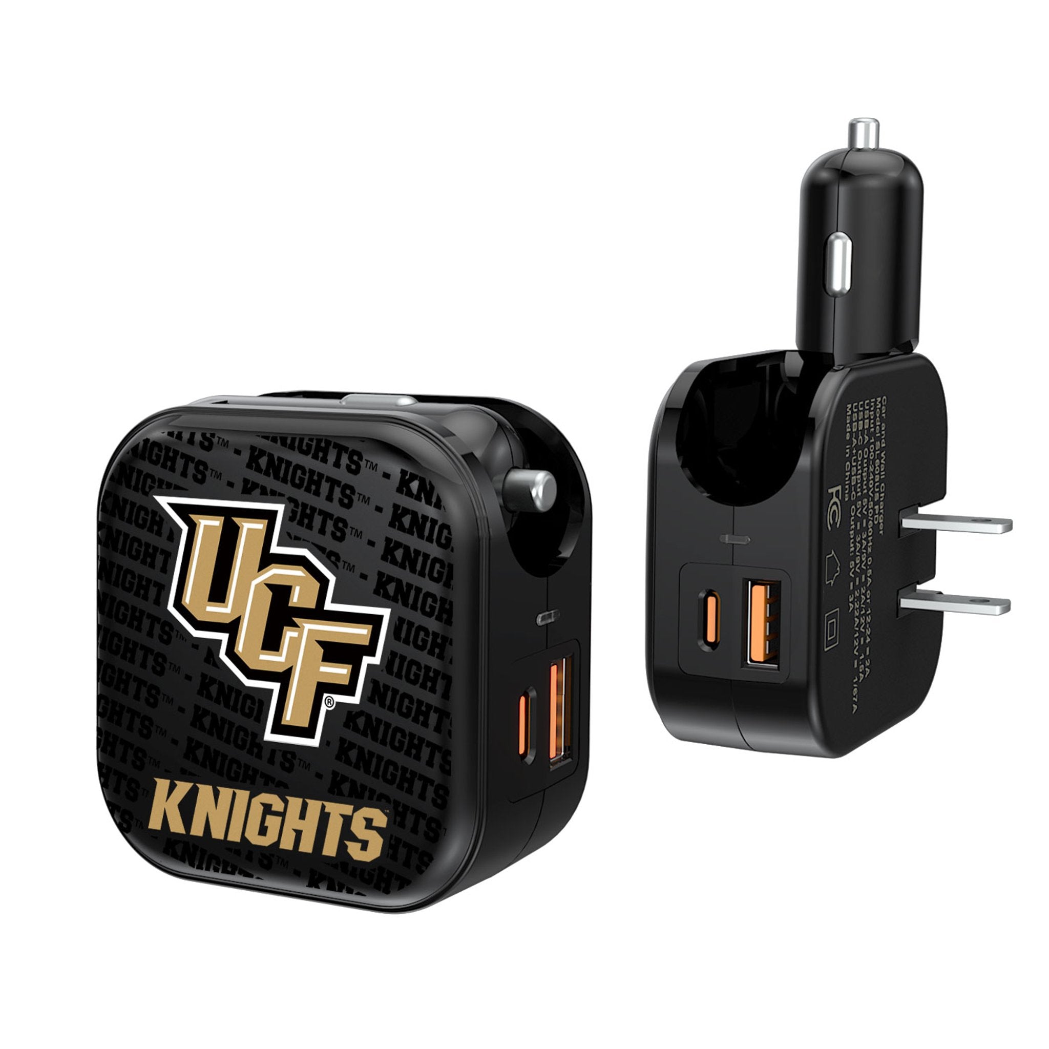 University of Central Florida Golden Knights Text Backdrop 2 in 1 USB A/C Charger