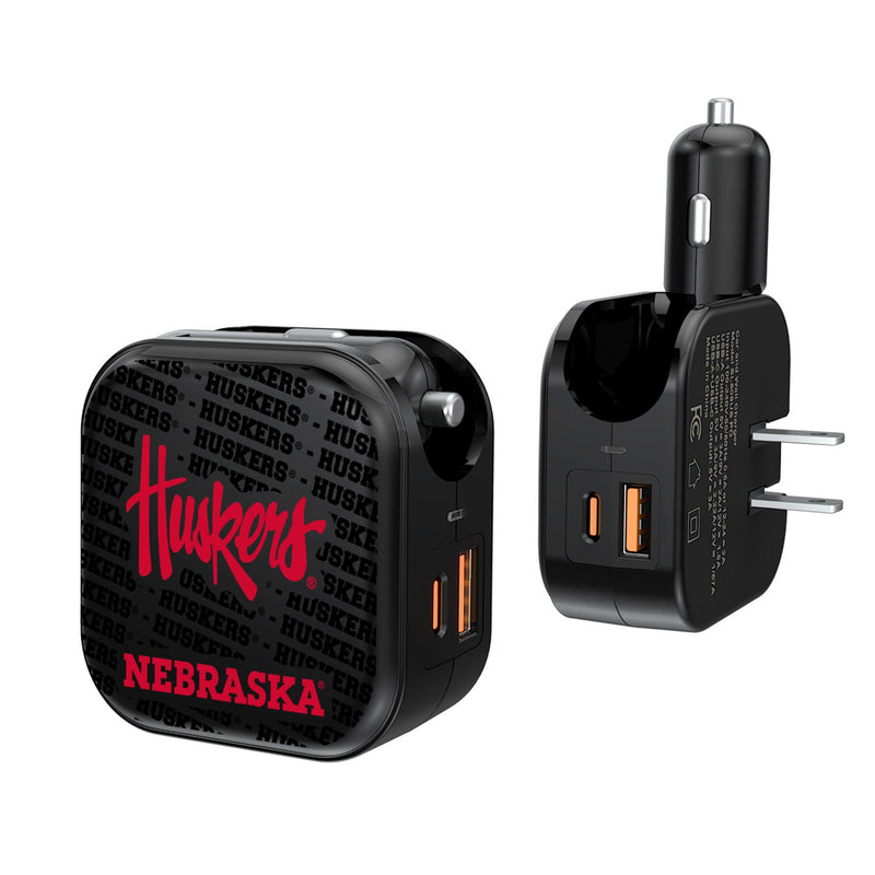 University of Nebraska Huskers Text Backdrop 2 in 1 USB A/C Charger