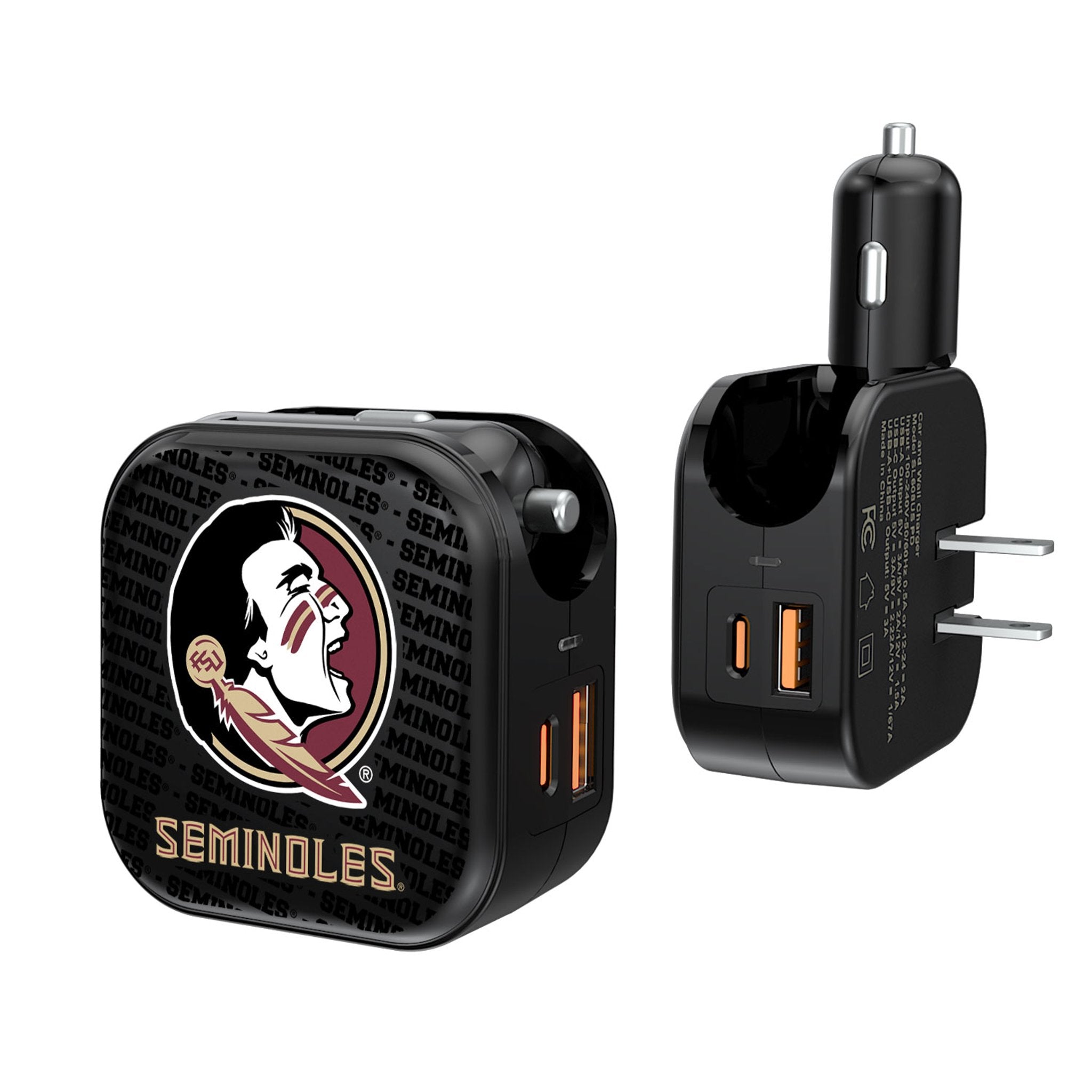 Florida State University Seminoles Text Backdrop 2 in 1 USB A/C Charger