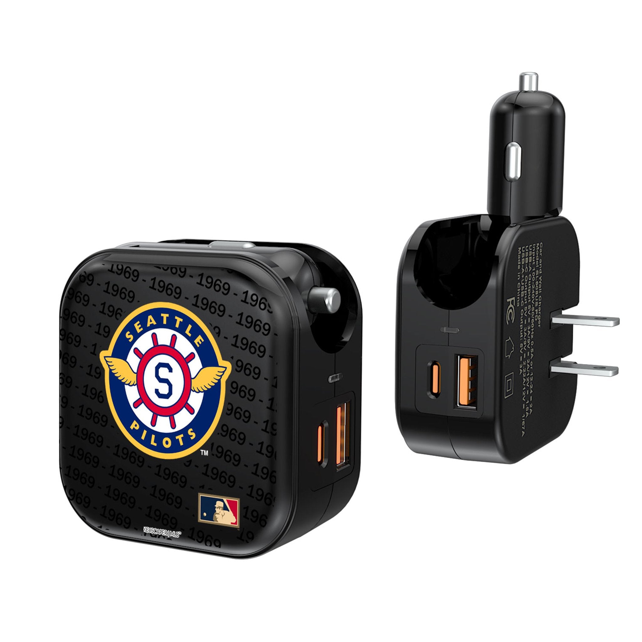 Seattle Pilots 1969 - Cooperstown Collection Text Backdrop 2 in 1 USB A/C Charger
