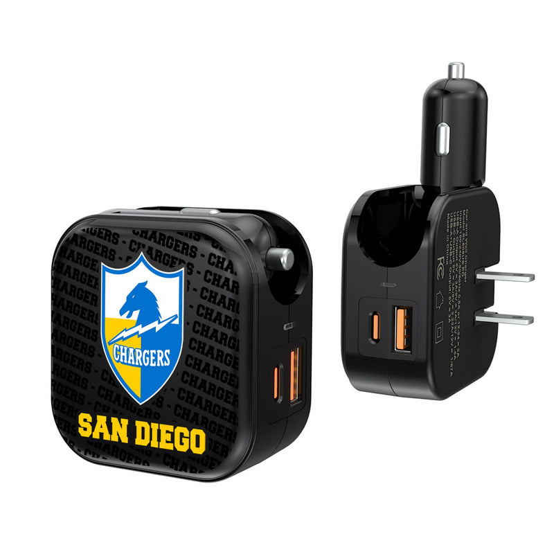 Los Angeles Chargers Historic Collection Text Backdrop 2 in 1 USB A/C Charger