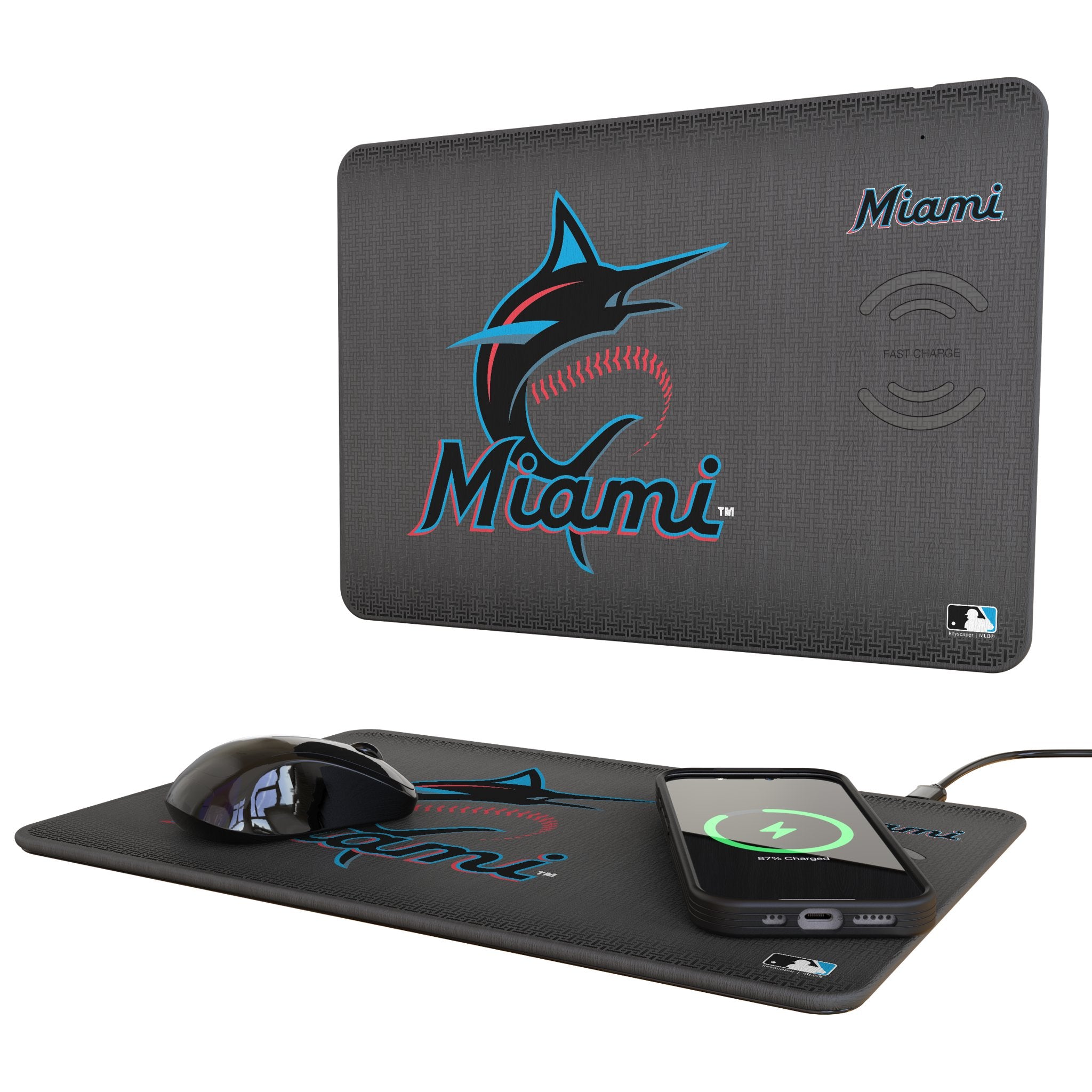 Miami Marlins Linen 15-Watt Wireless Charger and Mouse Pad