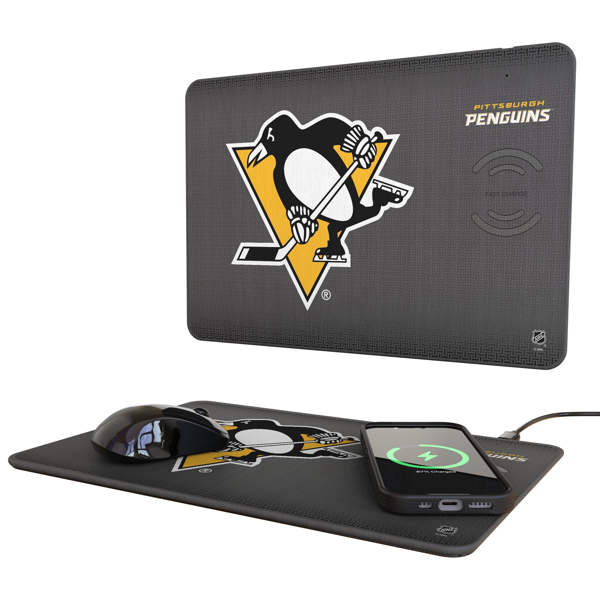 Pittsburgh Penguins Linen 15-Watt Wireless Charger and Mouse Pad