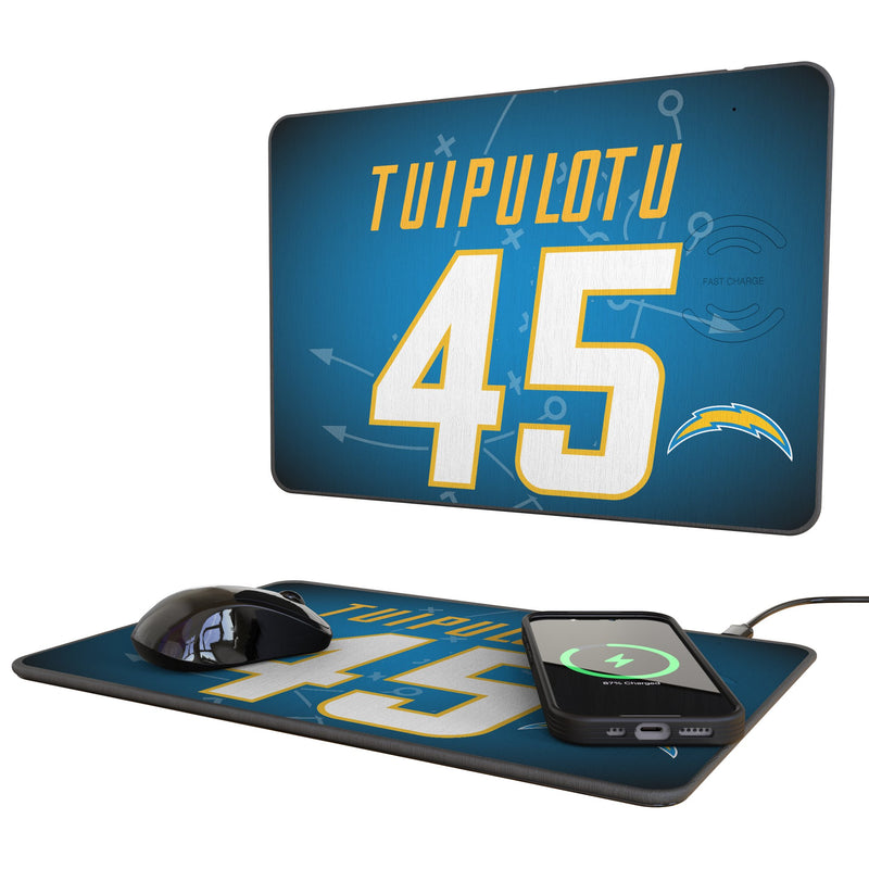 Tuli Tuipulotu Los Angeles Chargers 45 Game Tactic 15-Watt Wireless Charger and Mouse Pad