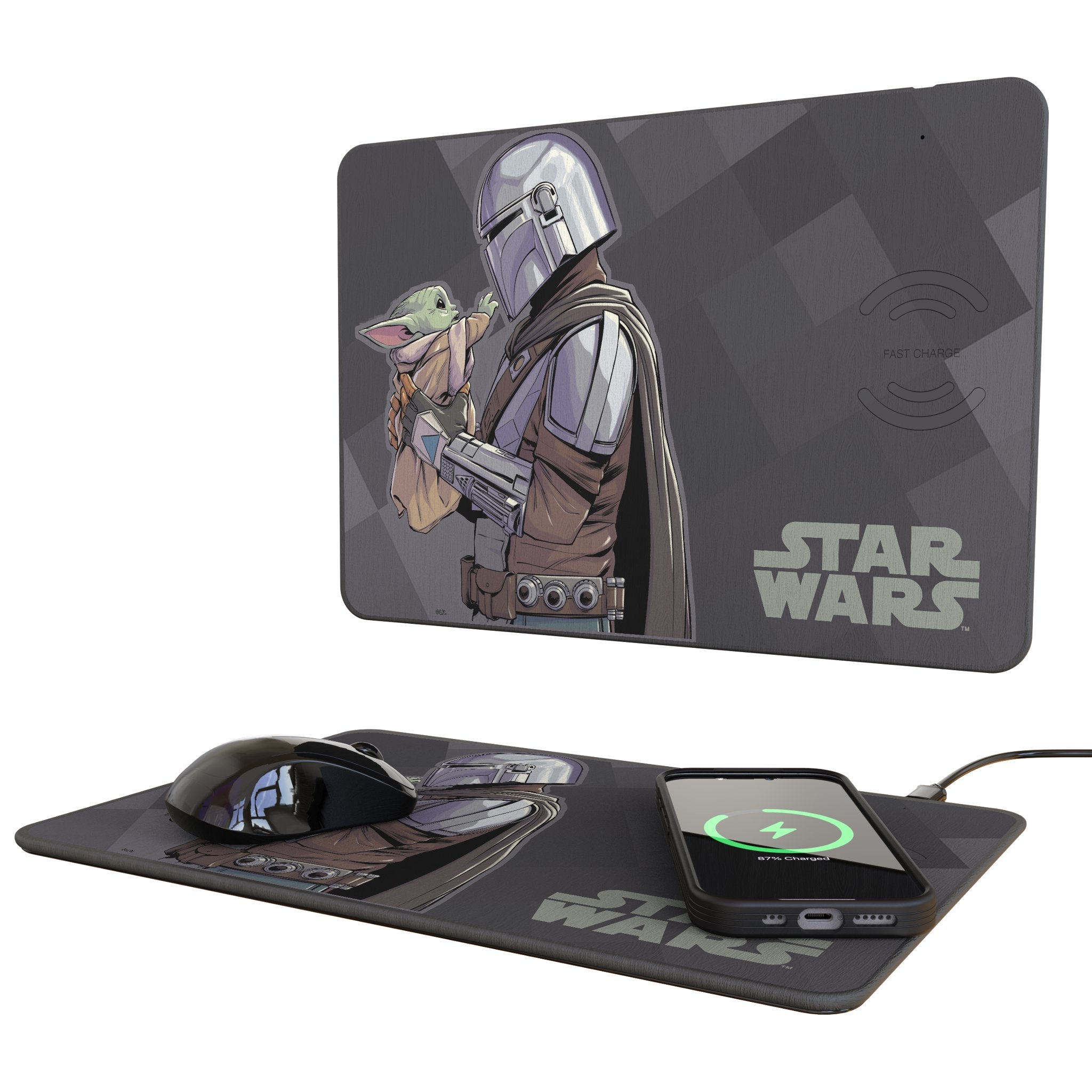 Star Wars: The Mandalorian Grogu and Din Djarin Color Block 15-Watt Wireless Charger and Mouse Pad