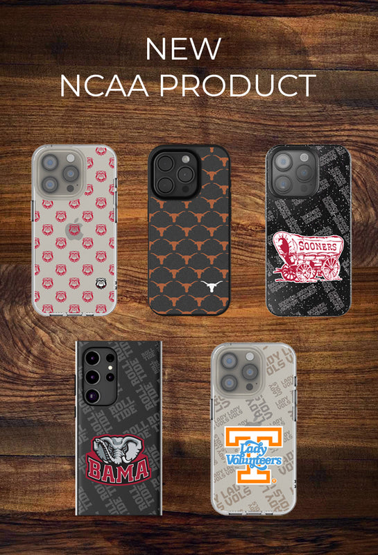 Five NCAA-themed phone cases on a wooden surface with text indicating a new product.