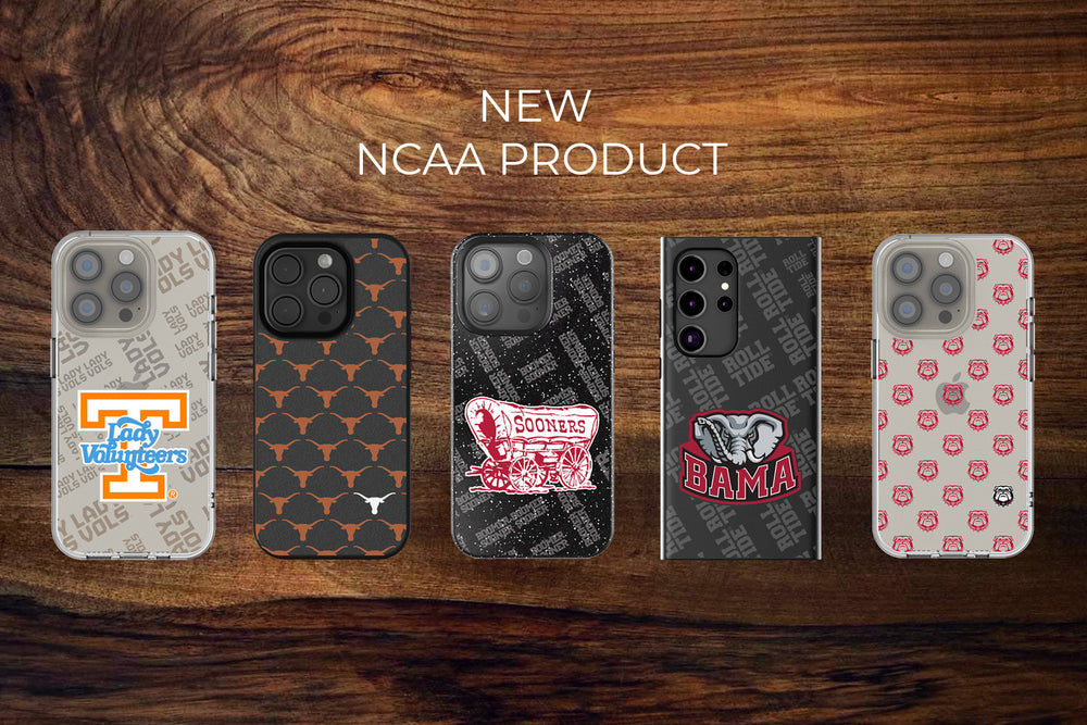 Five phone cases with different designs on a wooden surface, labeled as new NCAA product.