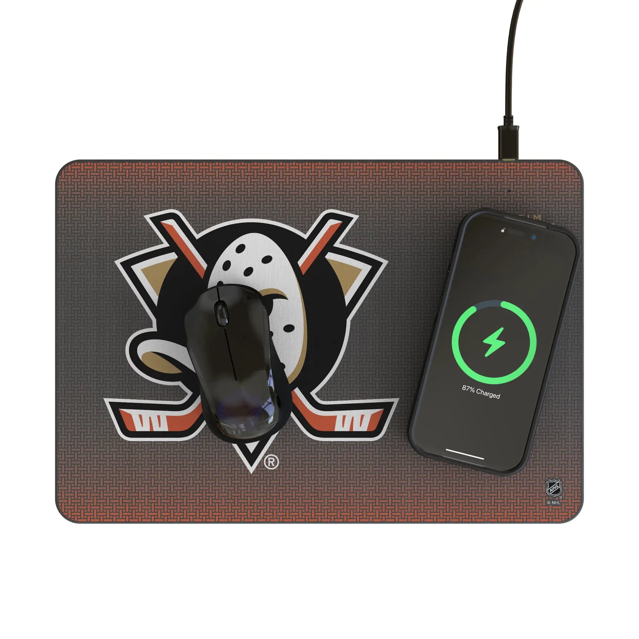 Anaheim Ducks Linen 15-Watt Wireless Charger and Mouse Pad - Lifestyle