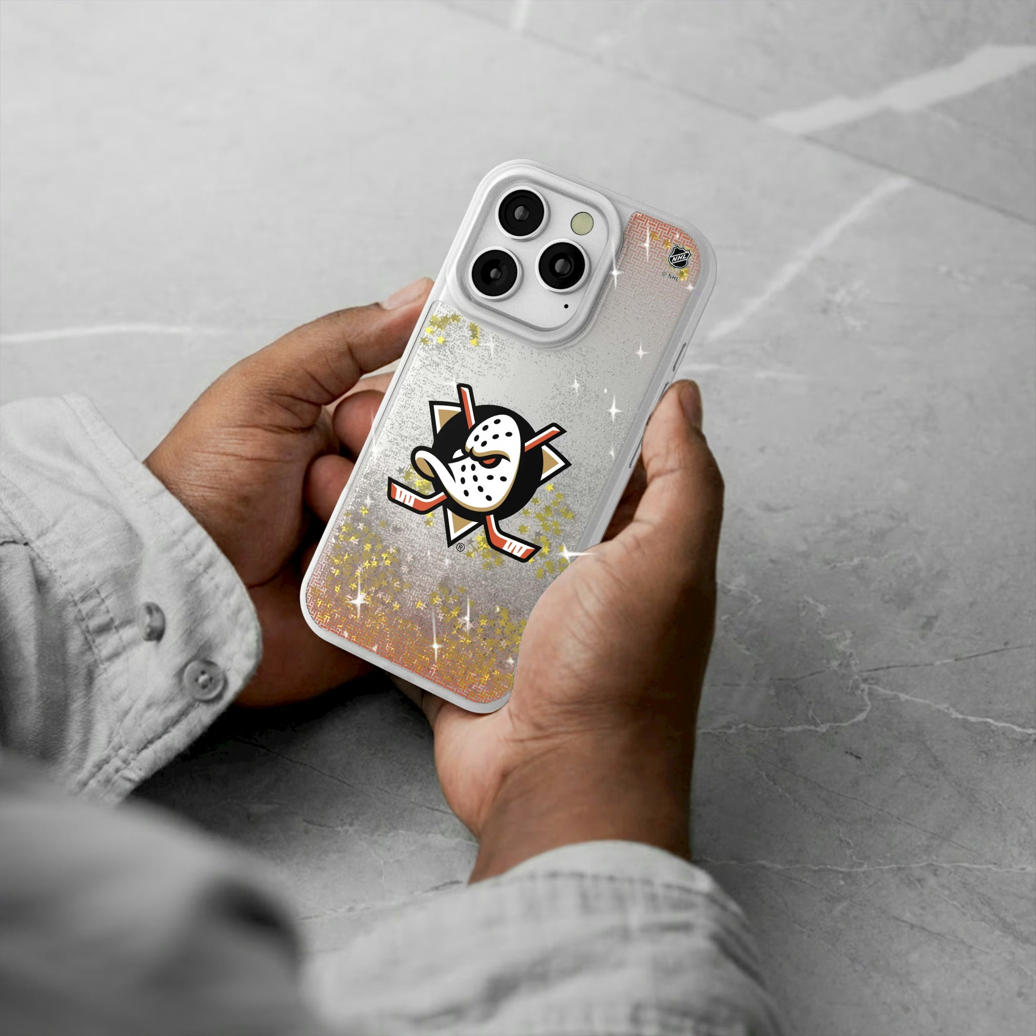 Anaheim Ducks Linen iPhone Glitter Phone Case for Apple iPhone - Lifestyle#Device_iPhone 16 Pro