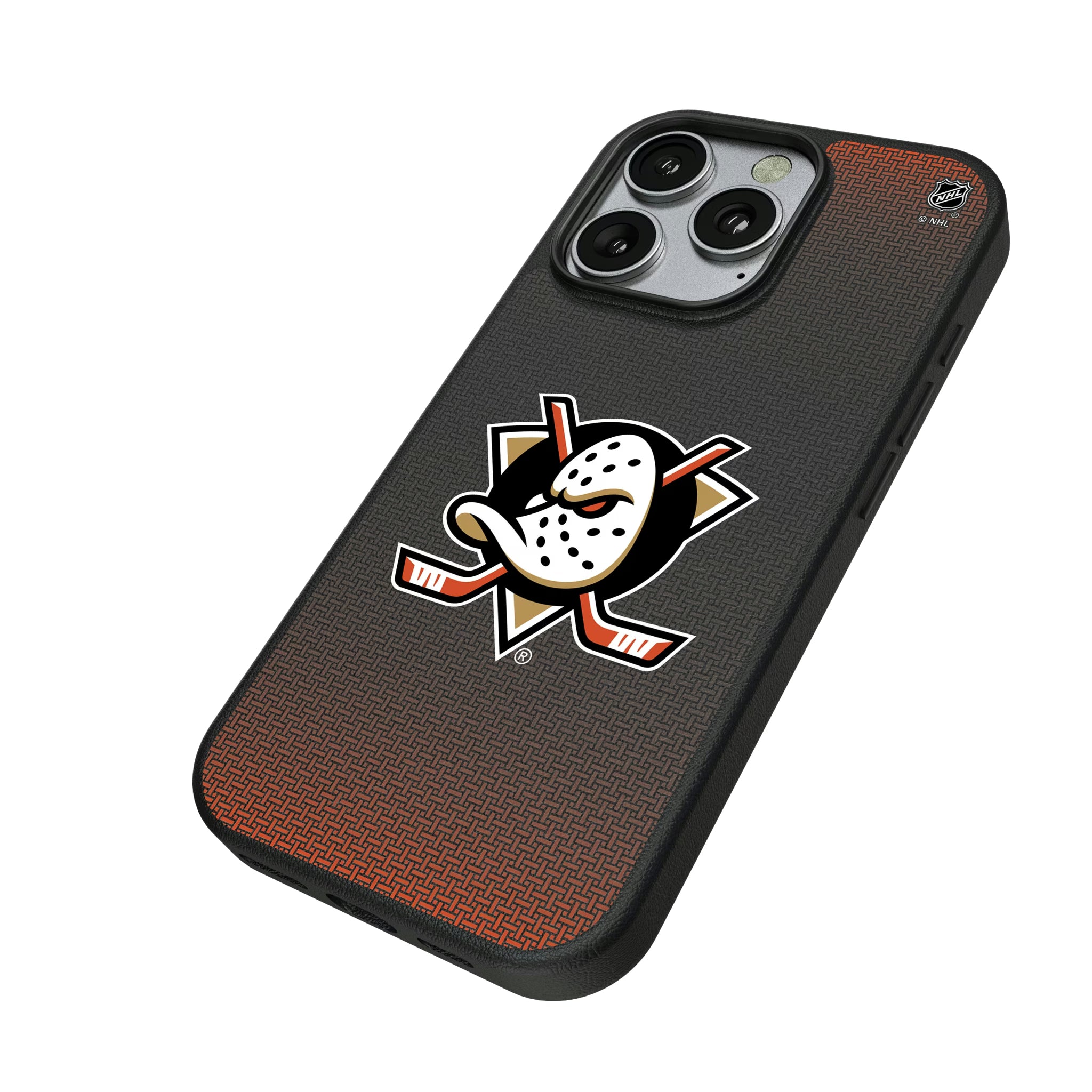 Anaheim Ducks Linen iPhone MagSafe Compatible Phone Case for Apple iPhone - Isometric View
