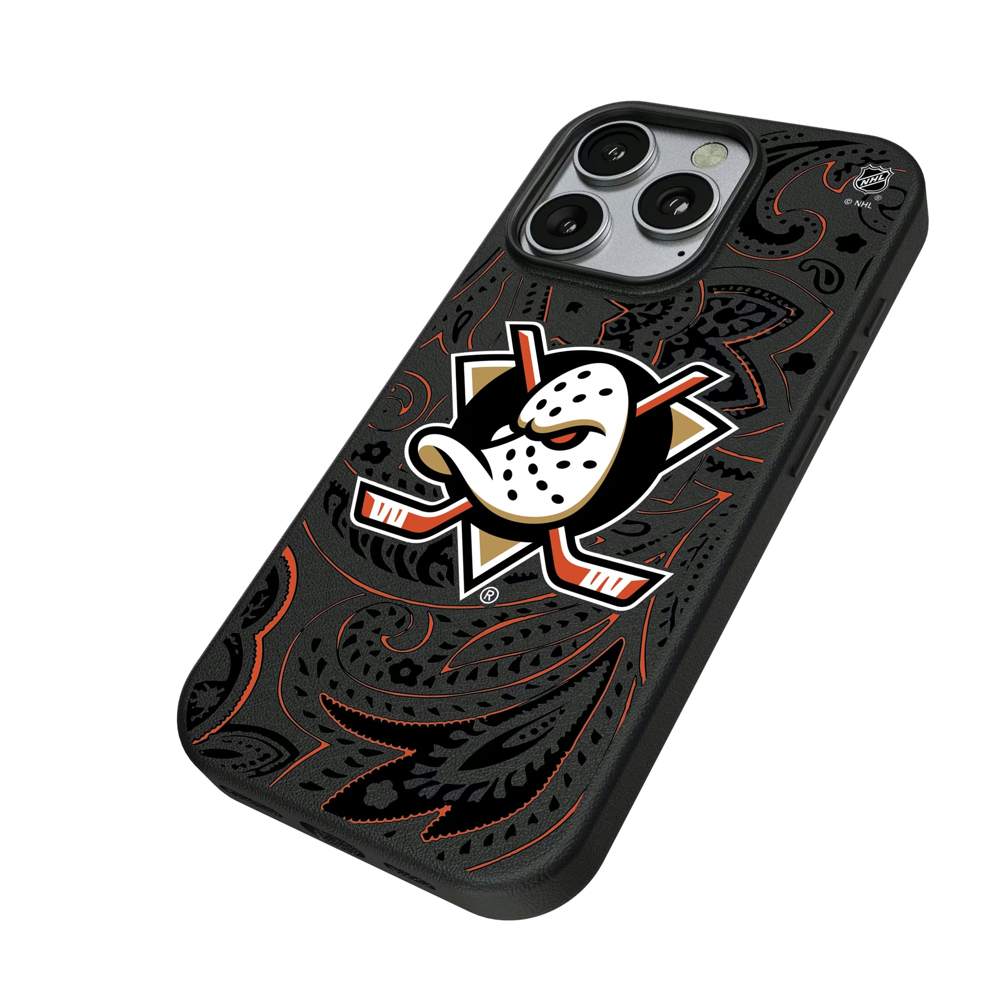 Anaheim Ducks Paisley iPhone MagSafe Compatible Phone Case for Apple iPhone - Isometric View