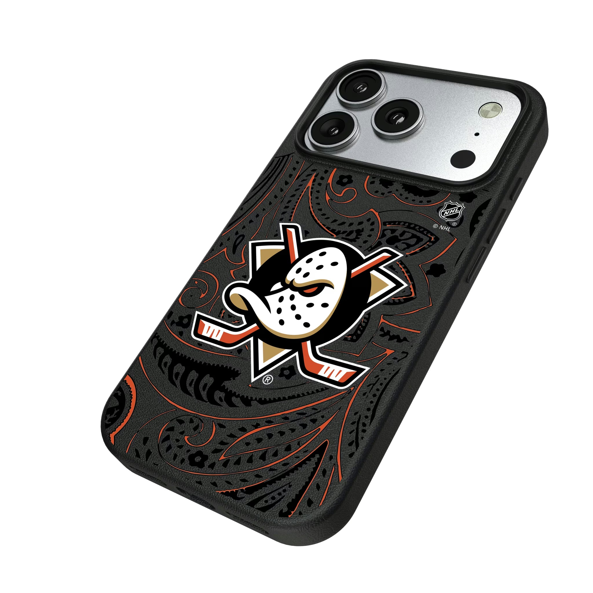 Anaheim Ducks Paisley iPhone MagSafe Compatible Phone Case for Apple iPhone - Isometric View#Device_iPhone 17 Pro