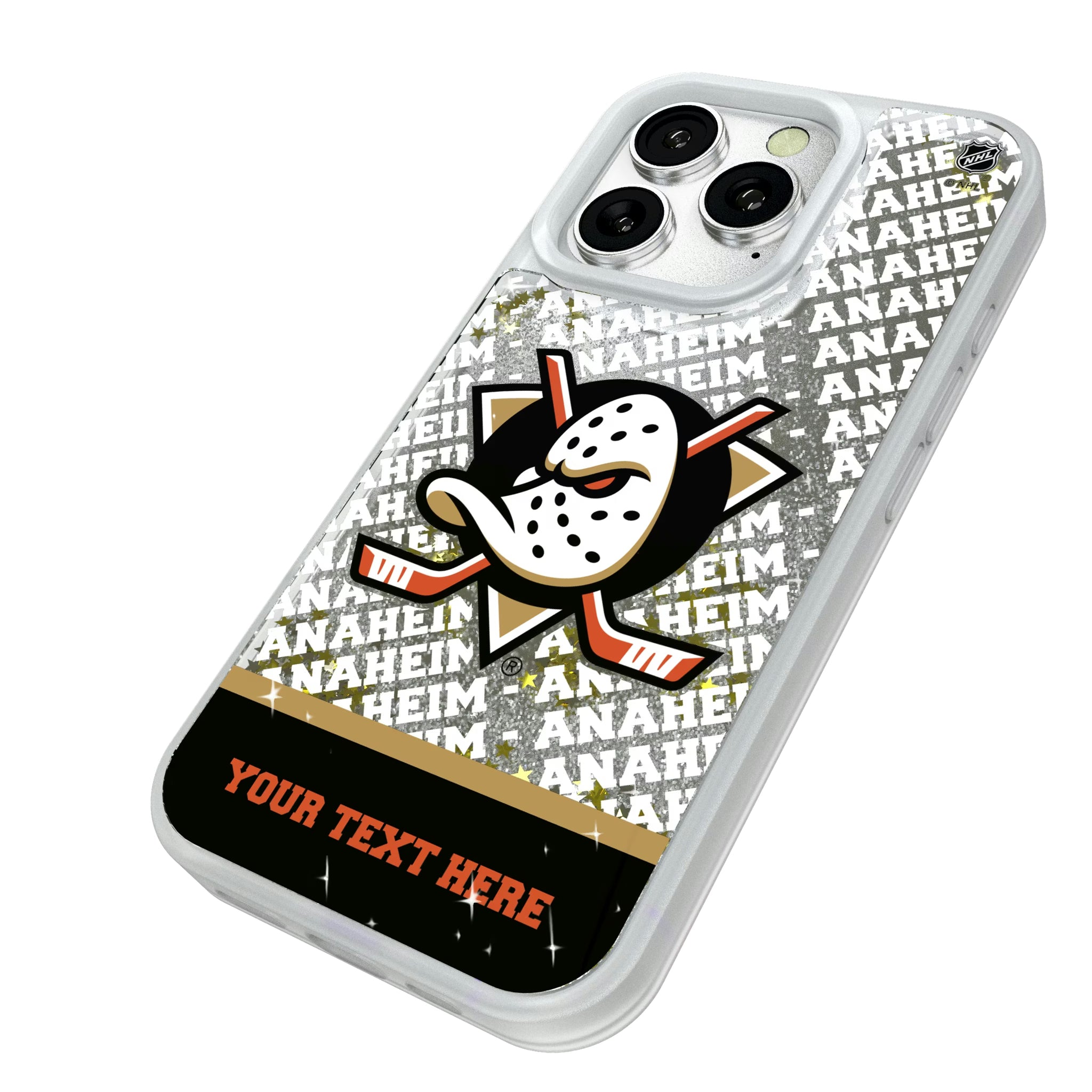 Anaheim Ducks Personalized EndZone Plus iPhone Glitter Phone Case for Apple iPhone - Isometric View#Device_iPhone 16 Pro