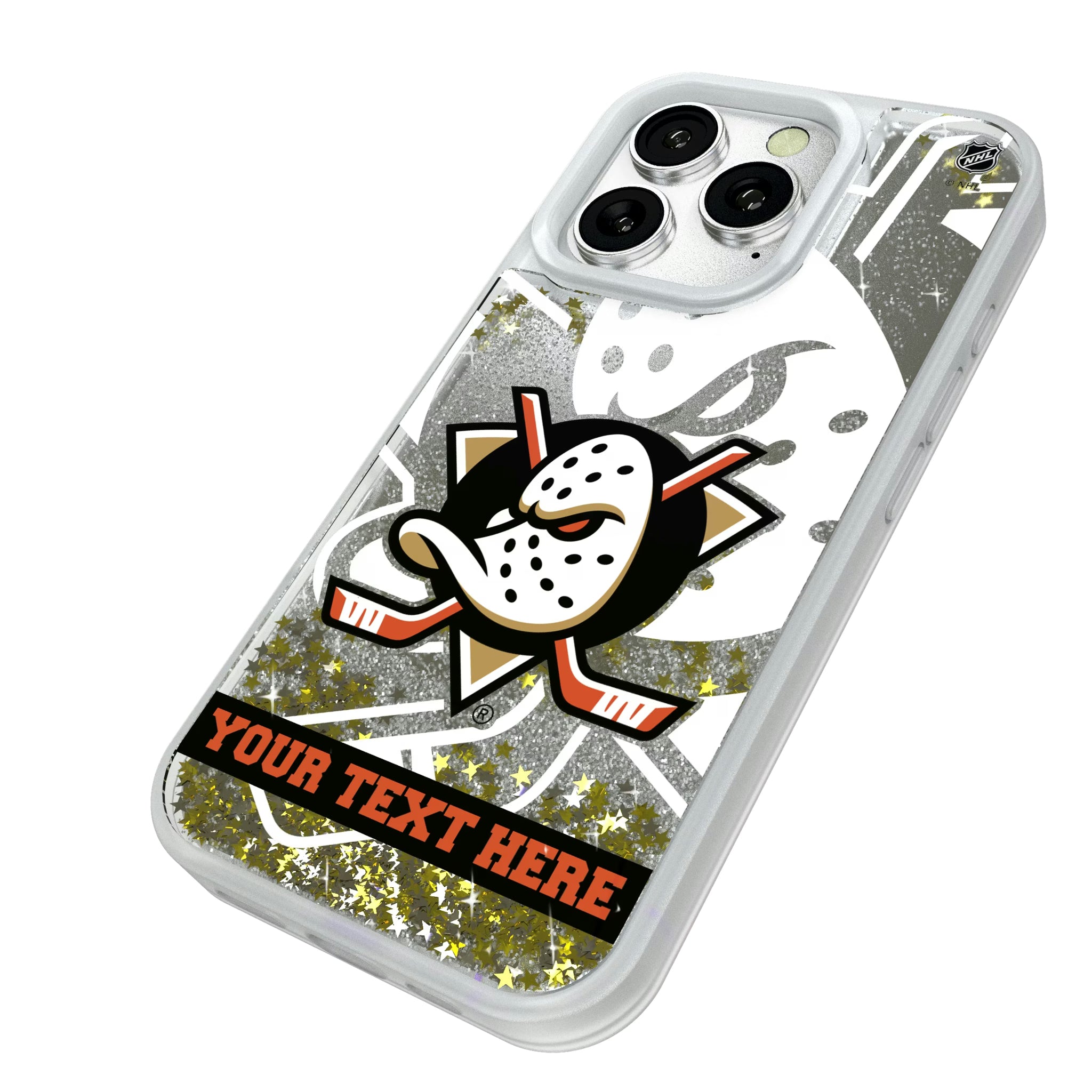 Anaheim Ducks Personalized Tilt iPhone Glitter Phone Case for Apple iPhone - Isometric View#Device_iPhone 16 Pro