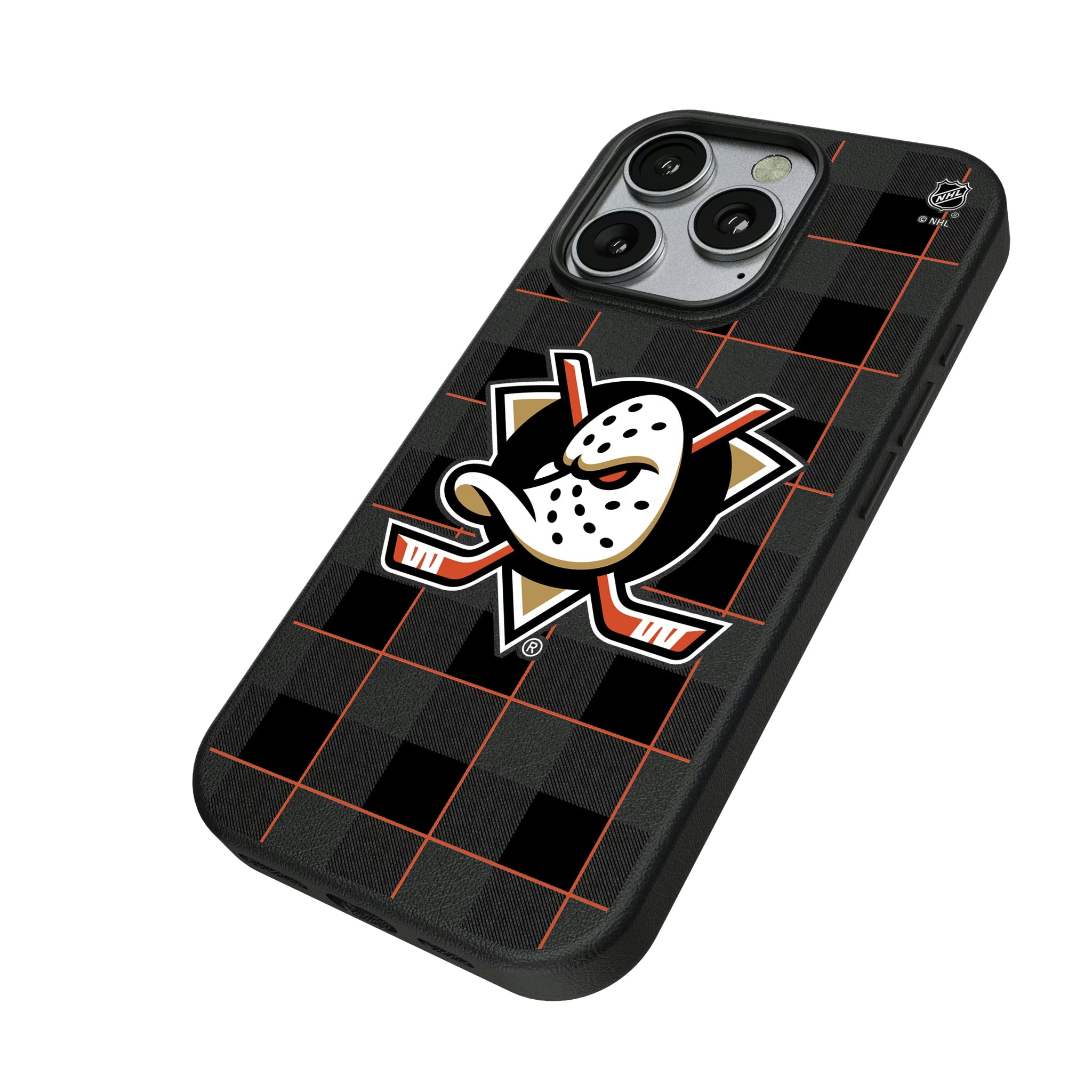 Anaheim Ducks Plaid iPhone MagSafe Compatible Phone Case for Apple iPhone - Isometric View