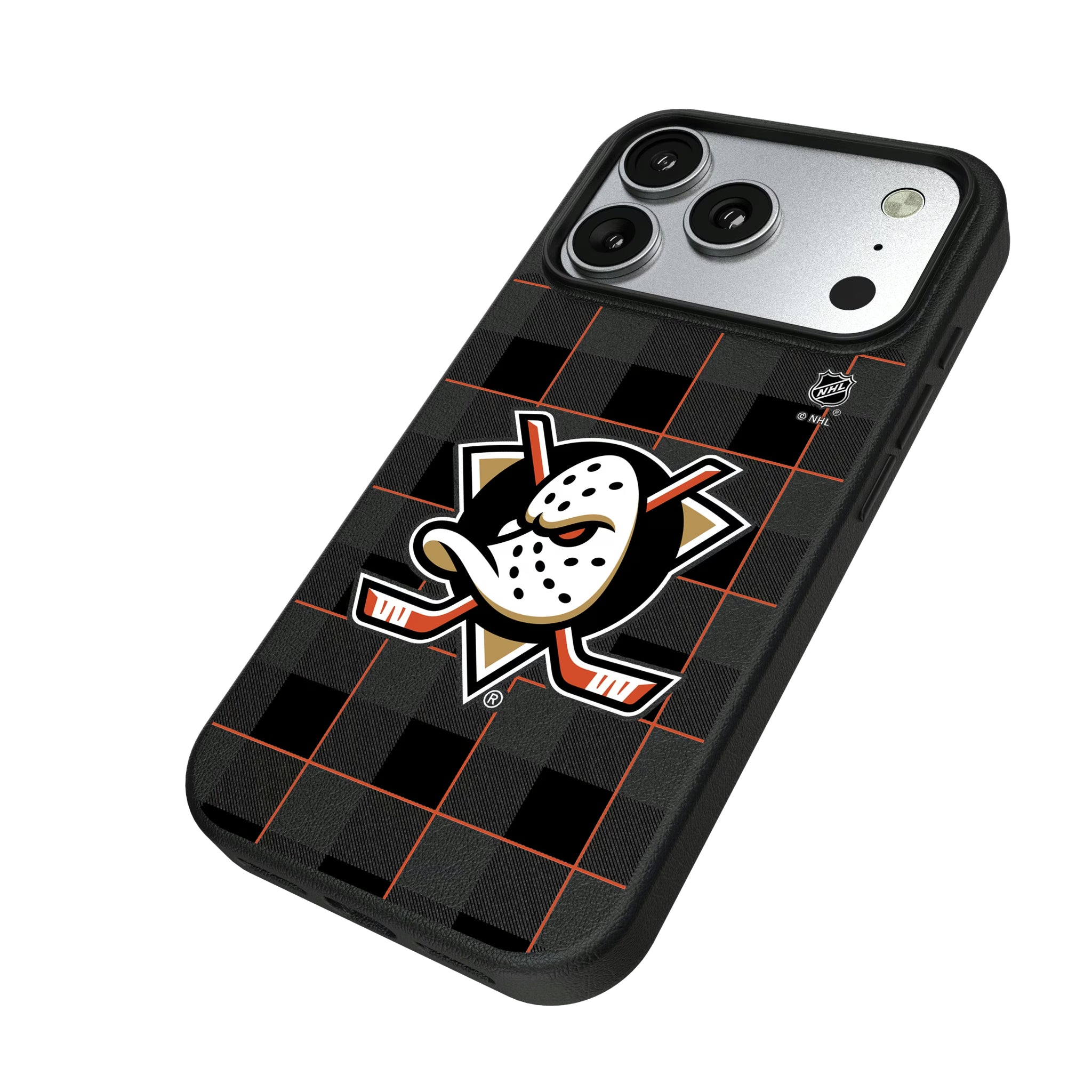 Anaheim Ducks Plaid iPhone MagSafe Compatible Phone Case for Apple iPhone - Isometric View#Device_iPhone 17 Pro