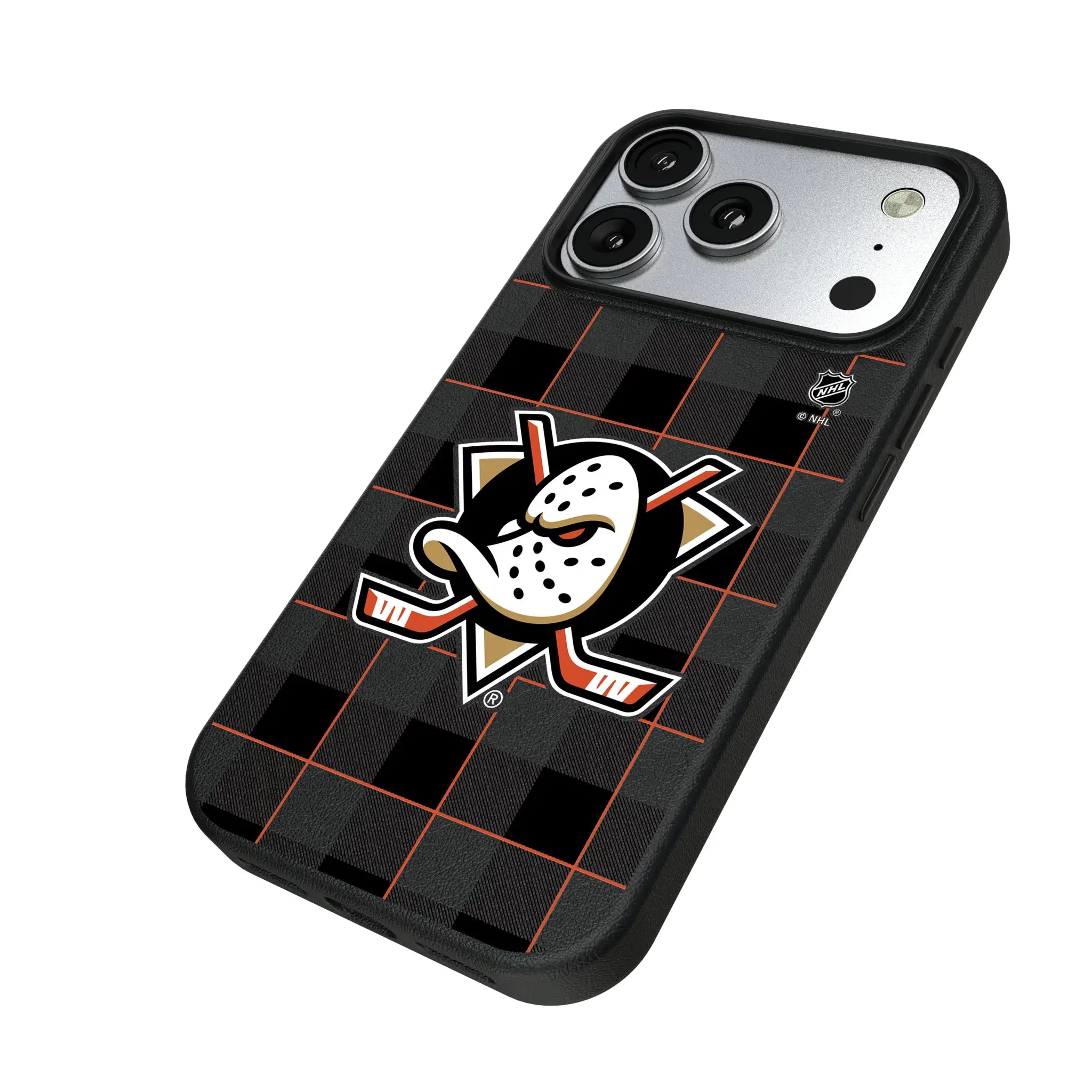 Anaheim Ducks Plaid iPhone MagSafe Compatible Phone Case for Apple iPhone - Isometric View#Device_iPhone 17 Pro