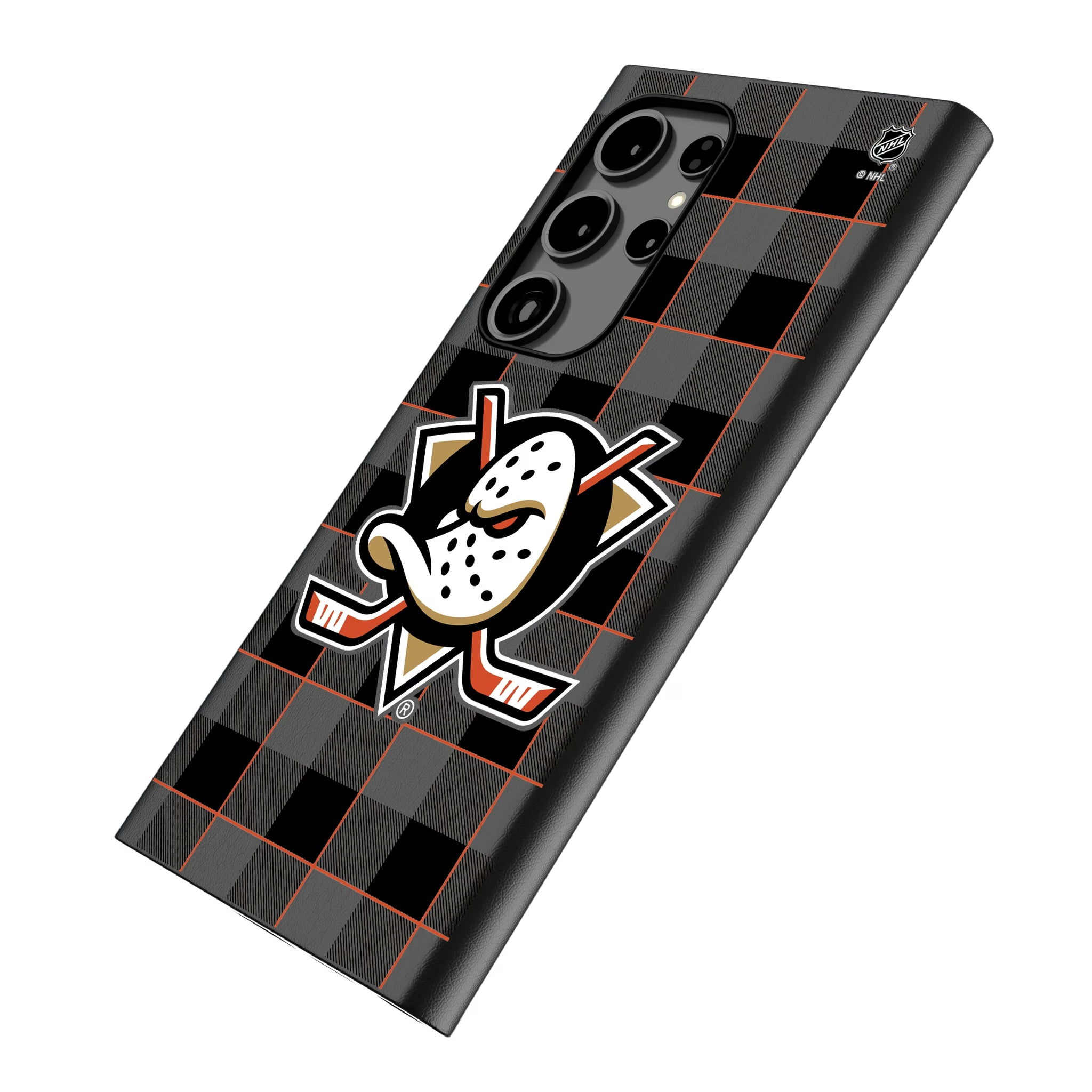 Anaheim Ducks Plaid Galaxy MagSafe Compatible Phone Case for Samsung Galaxy - Isometric View