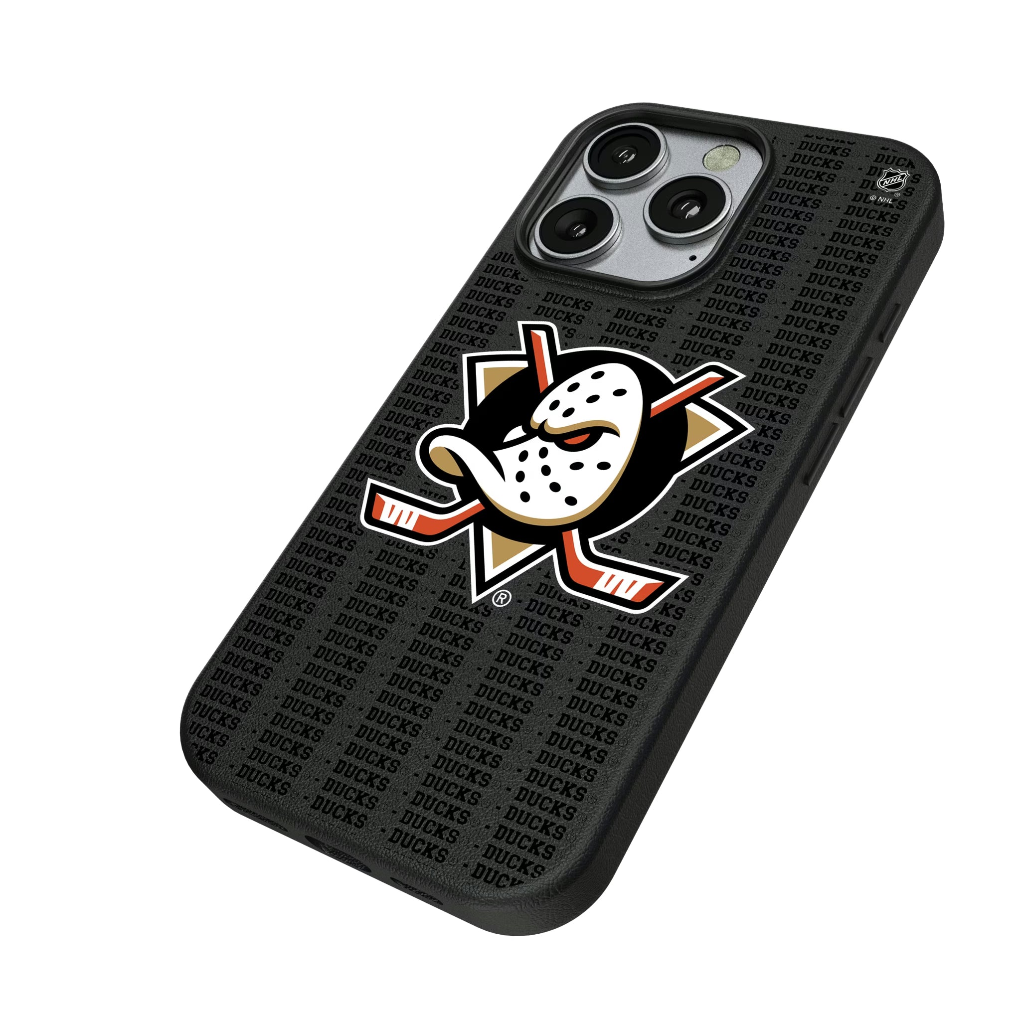 Anaheim Ducks Text Backdrop iPhone MagSafe Compatible Phone Case for Apple iPhone - Isometric View