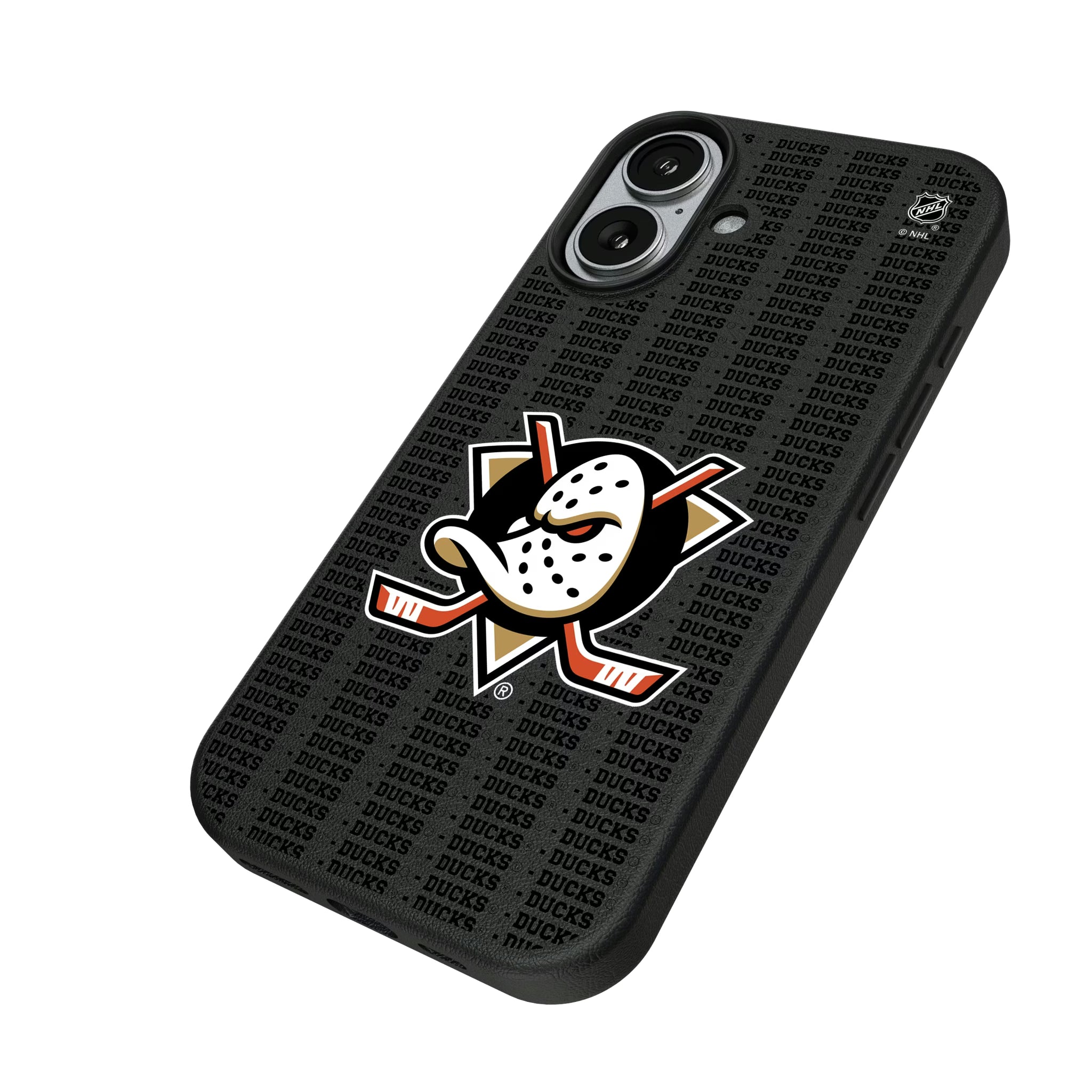 Anaheim Ducks Text Backdrop iPhone MagSafe Compatible Phone Case for Apple iPhone - Isometric View#Device_iPhone 17