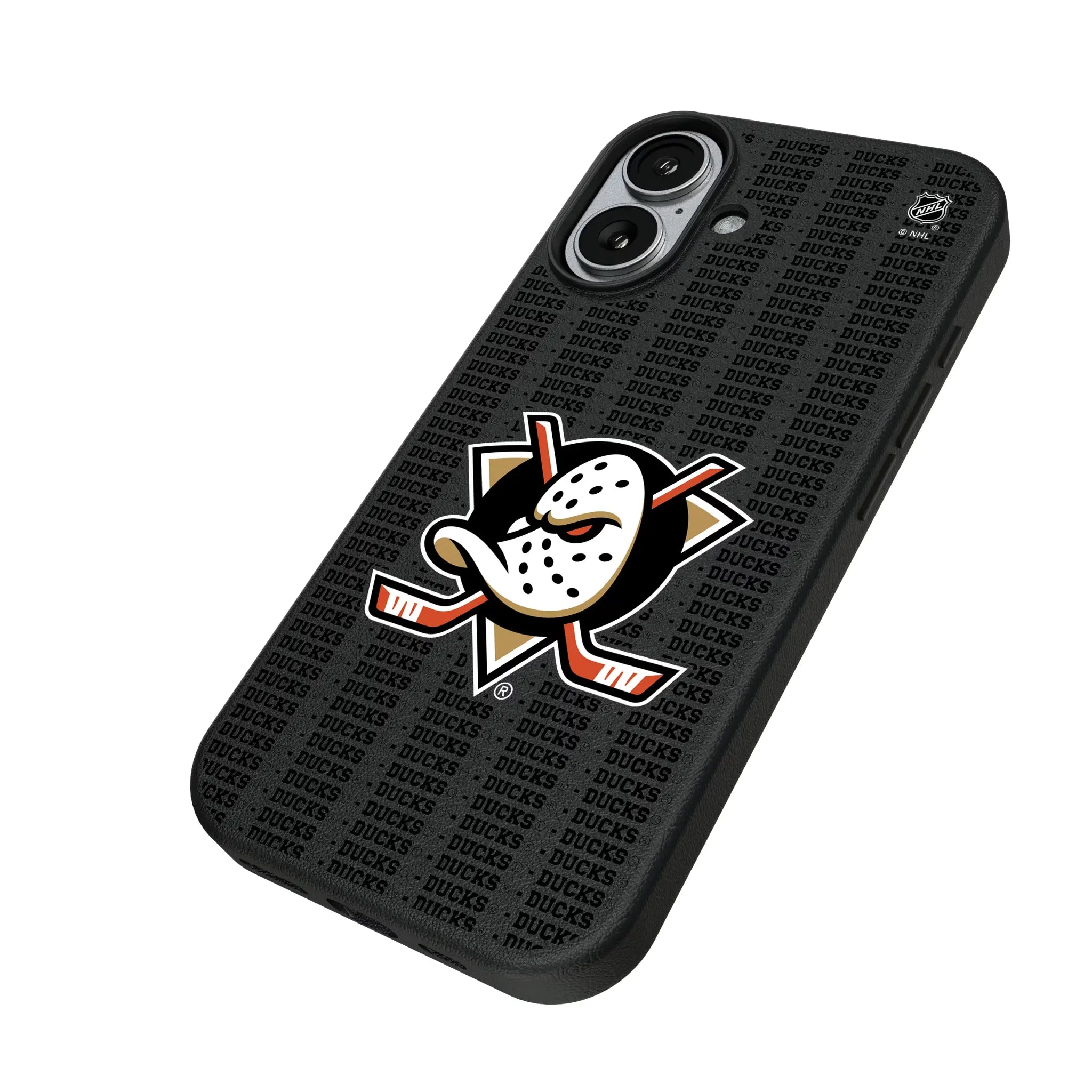 Anaheim Ducks Text Backdrop iPhone MagSafe Compatible Phone Case for Apple iPhone - Isometric View#Device_iPhone 17