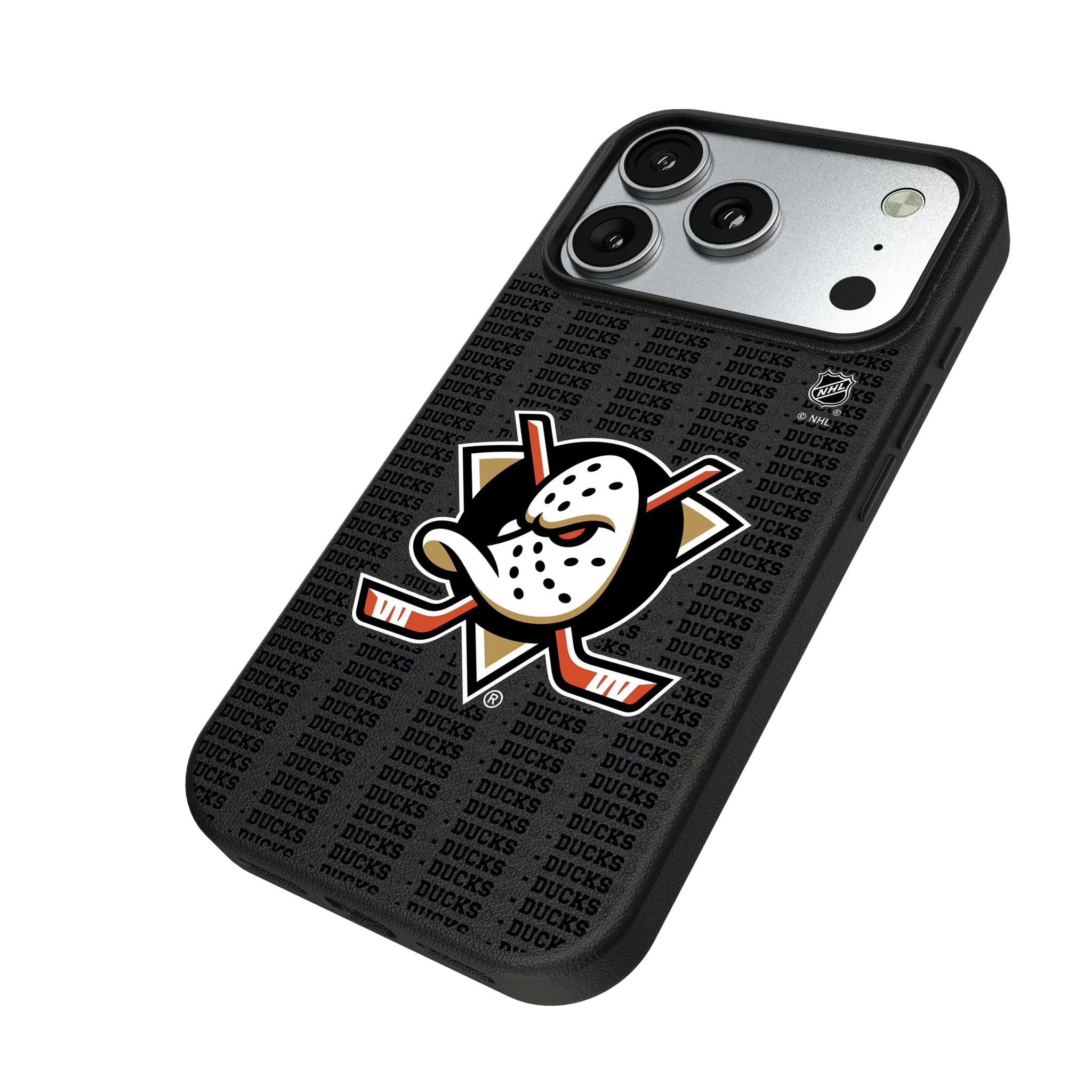 Anaheim Ducks Text Backdrop iPhone MagSafe Compatible Phone Case for Apple iPhone - Isometric View#Device_iPhone 17 Pro