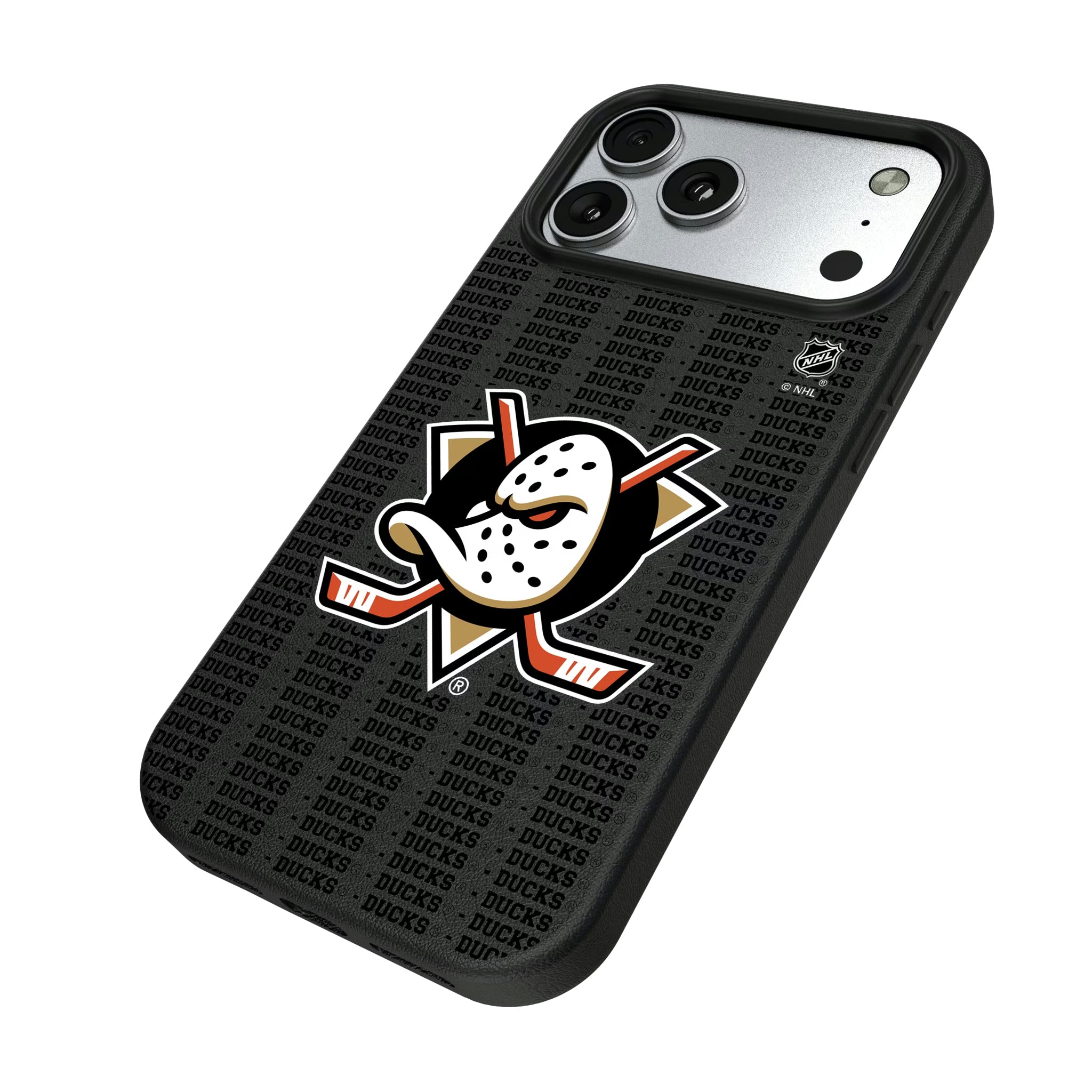 Anaheim Ducks Text Backdrop iPhone MagSafe Compatible Phone Case for Apple iPhone - Isometric View#Device_iPhone 17 Pro Max