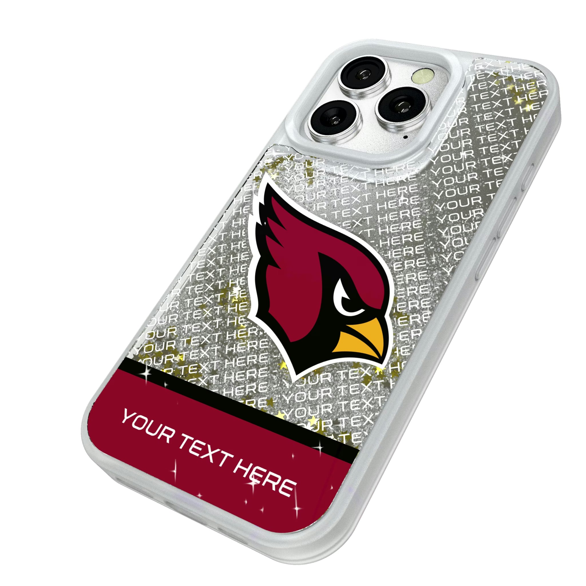 Arizona Cardinals Personalized EndZone Plus iPhone Glitter Phone Case for Apple iPhone - Isometric View#Device_iPhone 16 Pro