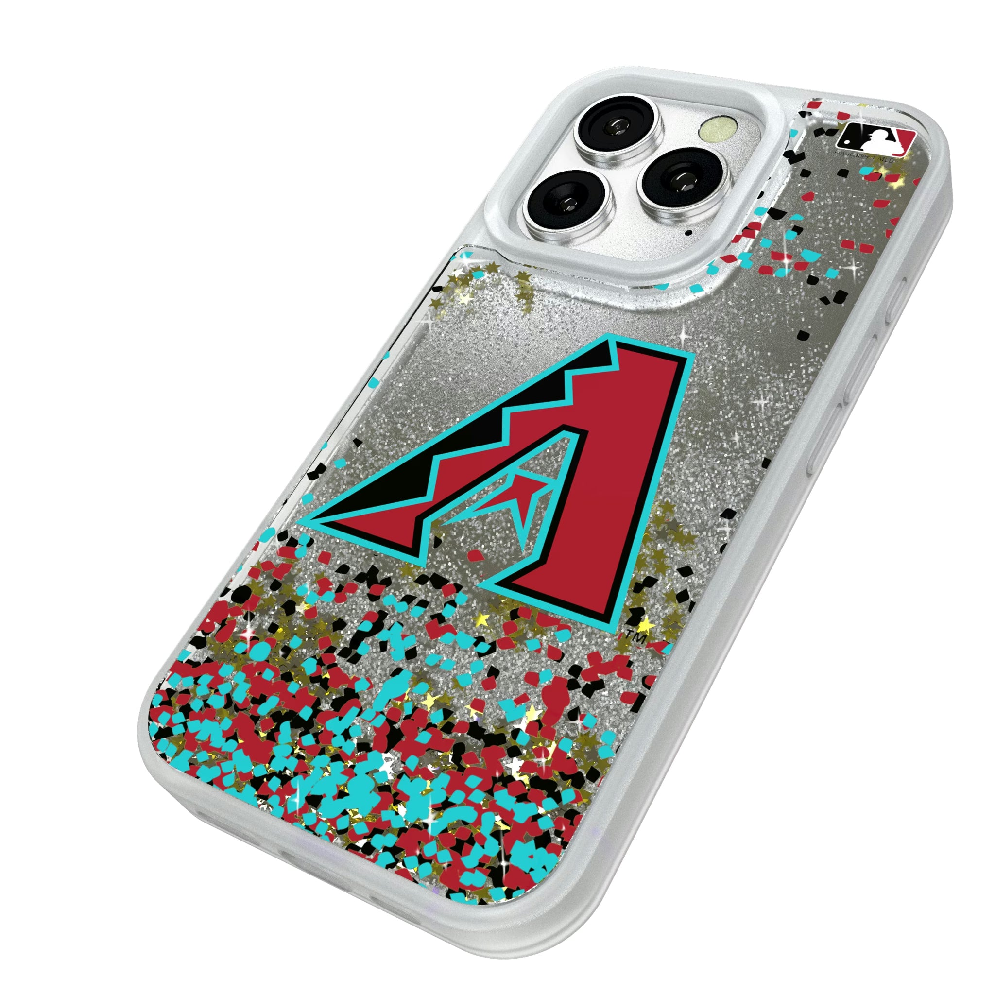 Arizona Diamondbacks Confetti iPhone Glitter Phone Case for Apple iPhone - Isometric View#Device_iPhone 16 Pro