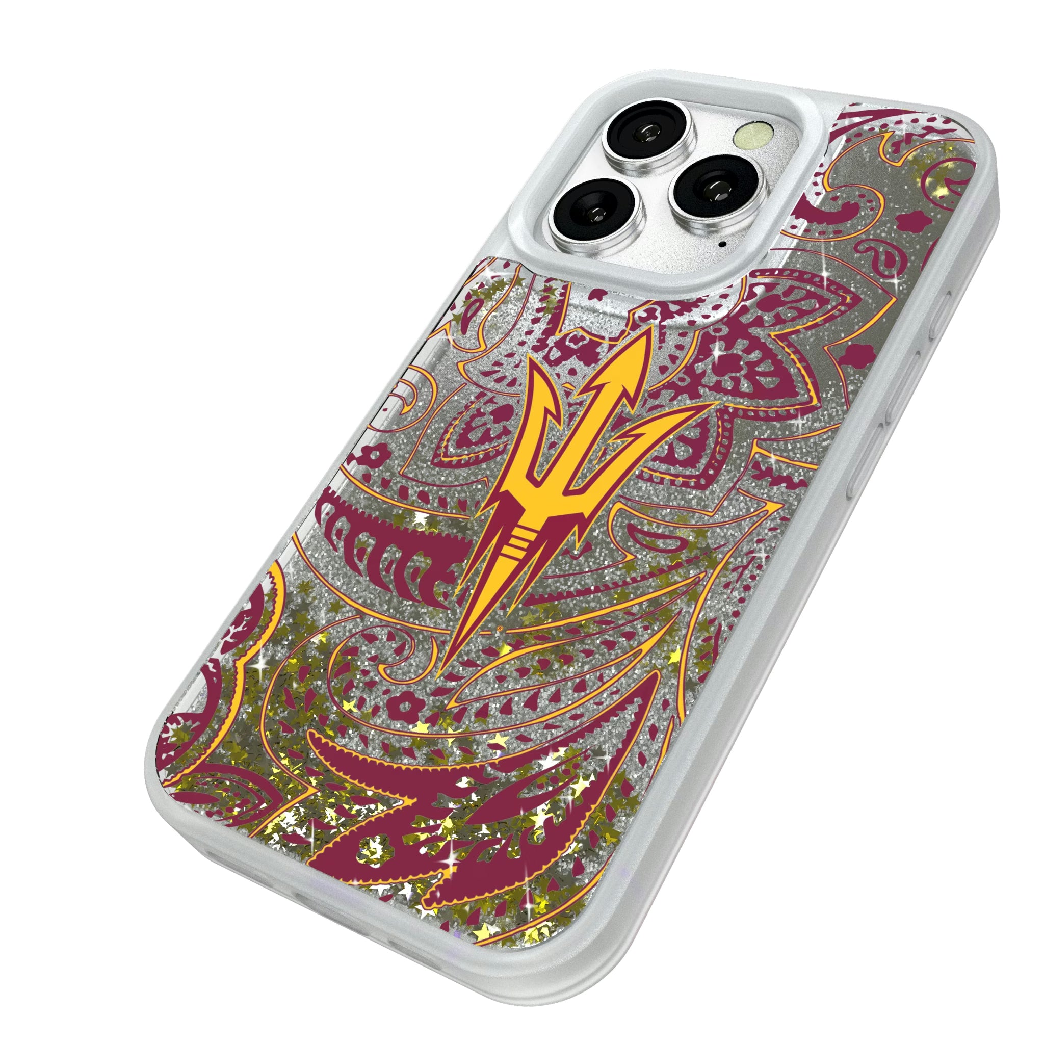 Arizona State University Sun Devils Paisley iPhone Glitter Phone Case for Apple iPhone - Isometric View#Device_iPhone 16 Pro