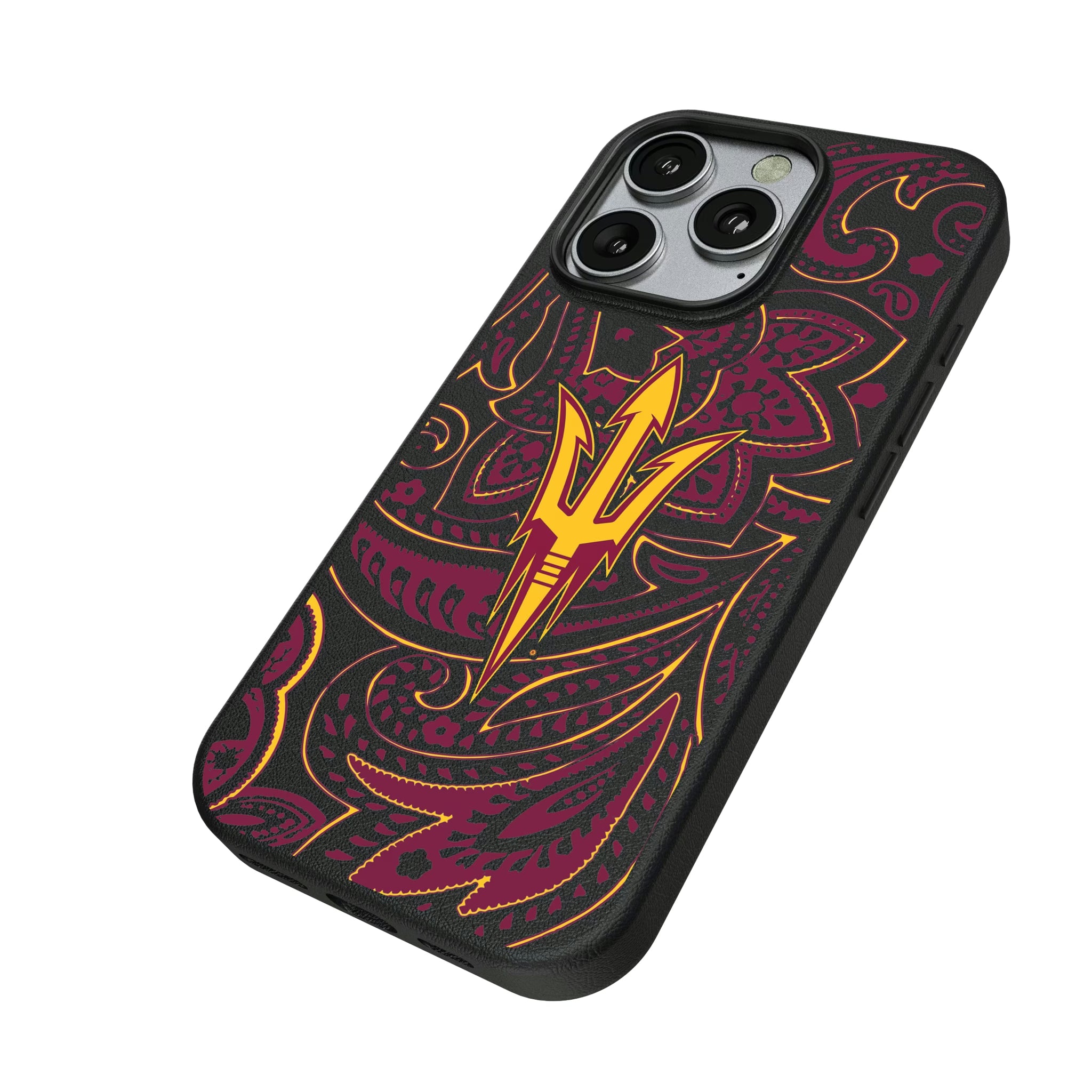 Arizona State University Sun Devils Paisley iPhone MagSafe Compatible Phone Case for Apple iPhone - Isometric View