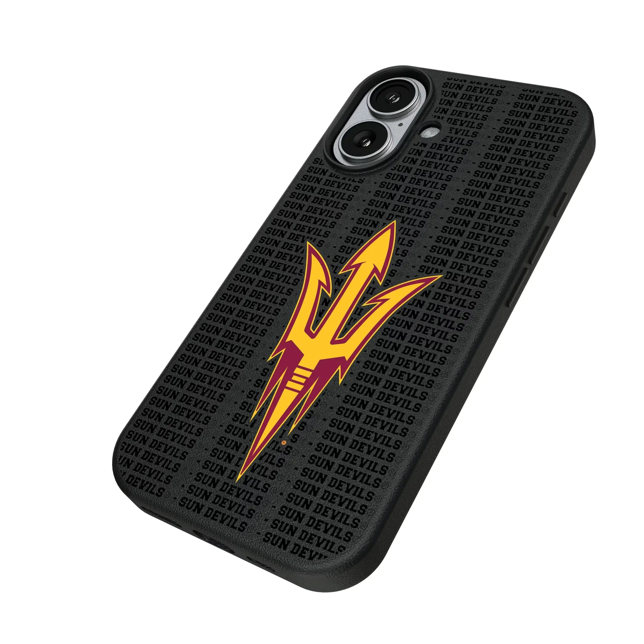 Arizona State University Sun Devils Text Backdrop iPhone MagSafe Compatible Phone Case for Apple iPhone - Isometric View#Device_iPhone 17