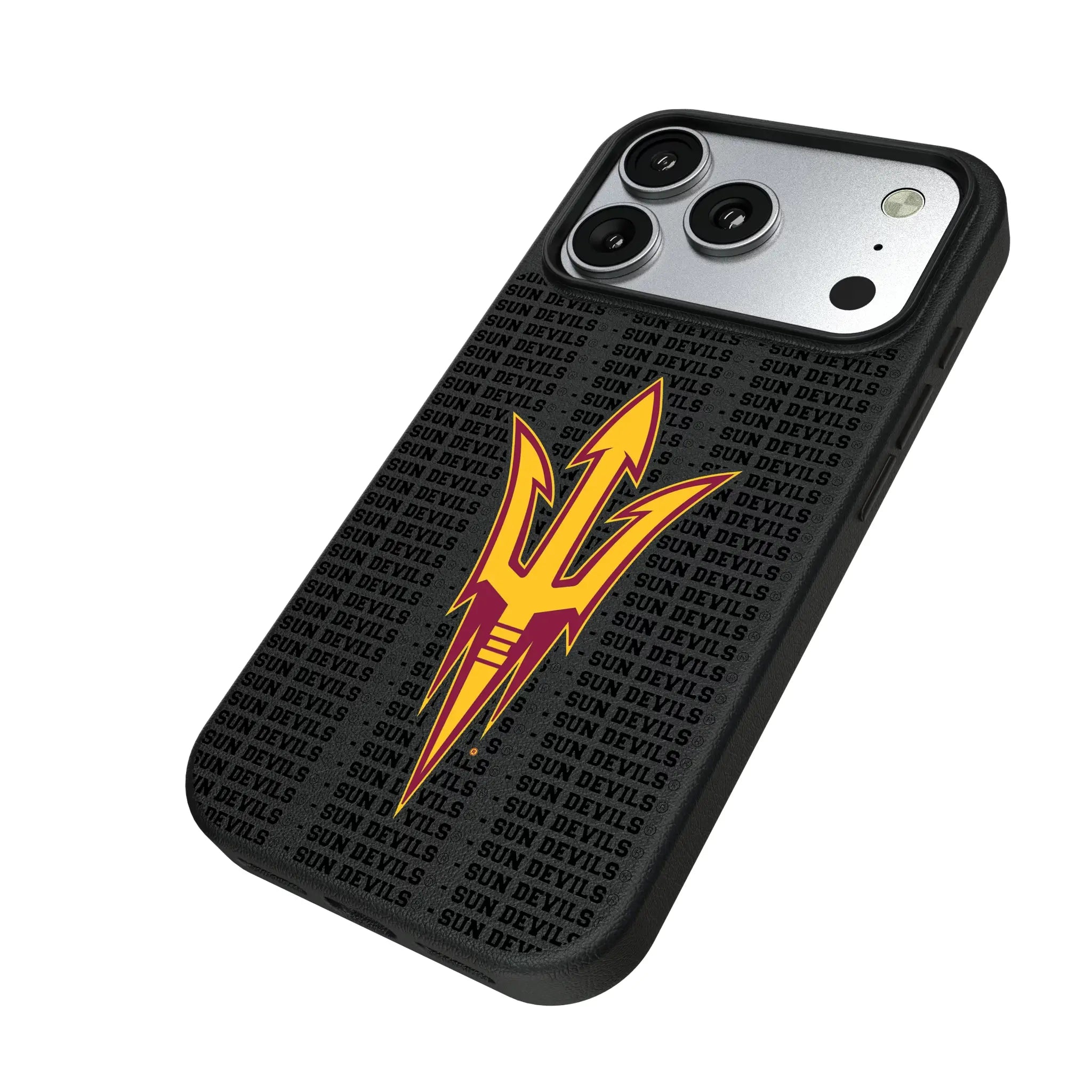 Arizona State University Sun Devils Text Backdrop iPhone MagSafe Compatible Phone Case for Apple iPhone - Isometric View#Device_iPhone 17 Pro