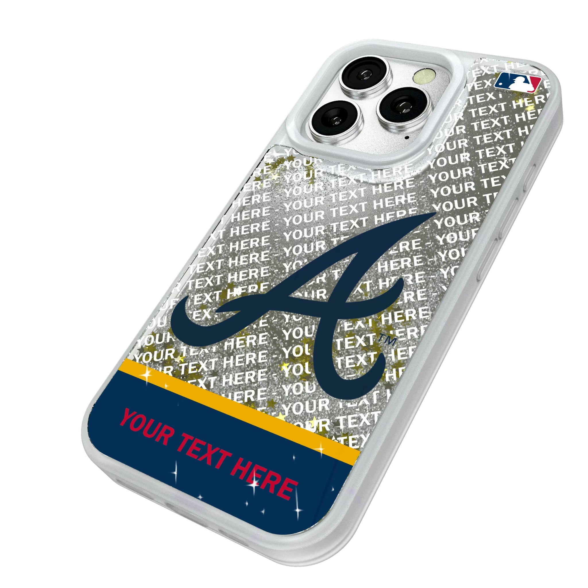 Atlanta Braves Personalized EndZone Plus iPhone Glitter Phone Case for Apple iPhone - Isometric View#Device_iPhone 16 Pro