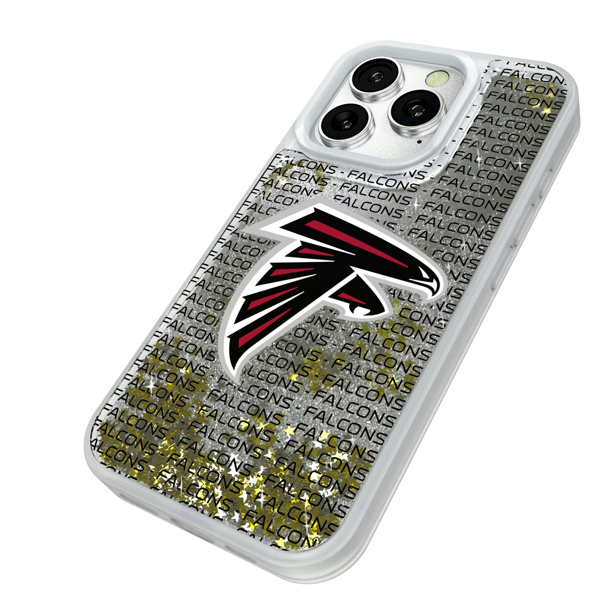 Atlanta Falcons Text Backdrop iPhone Glitter Phone Case for Apple iPhone - Isometric View#Device_iPhone 16 Pro