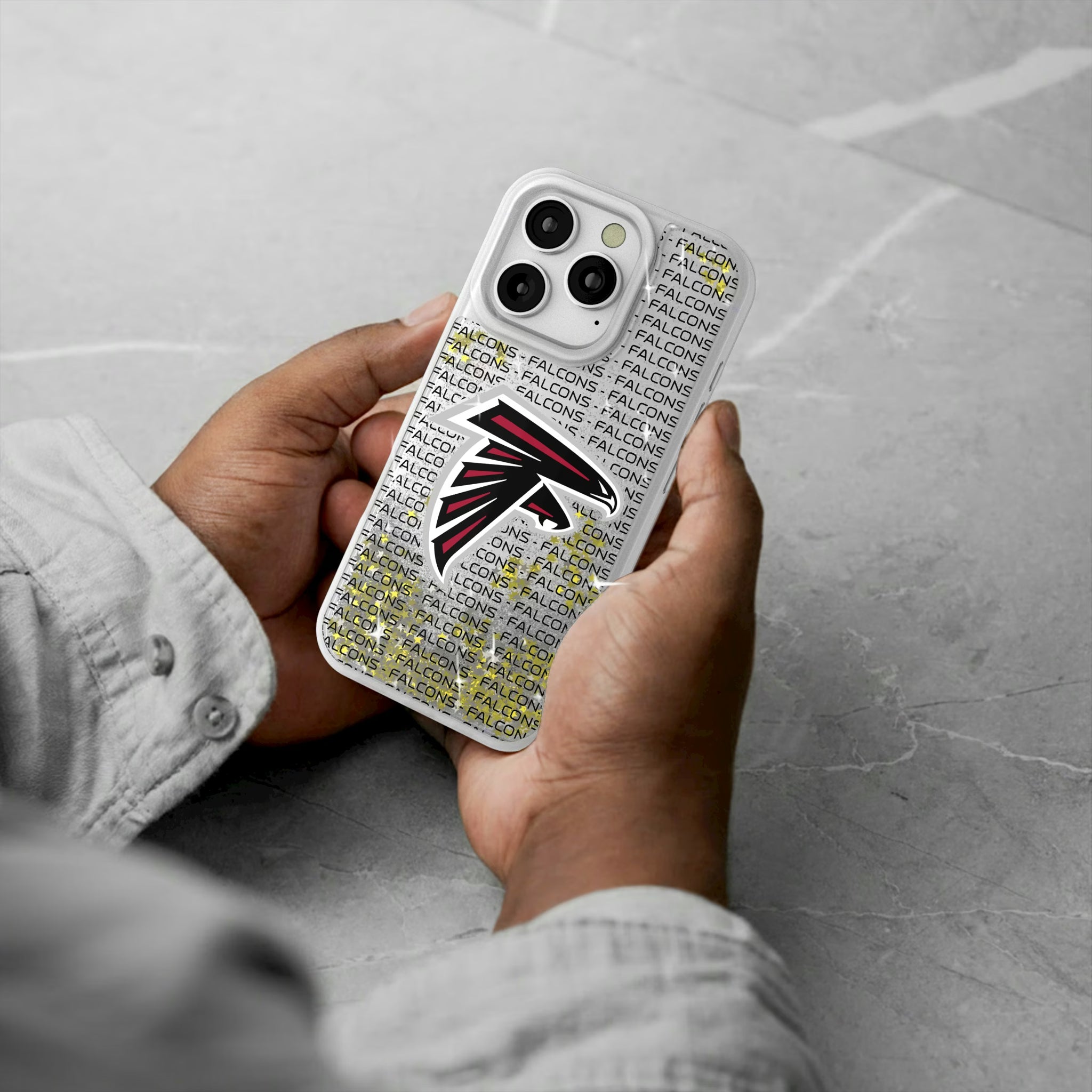 Atlanta Falcons Text Backdrop iPhone Glitter Phone Case for Apple iPhone - Lifestyle#Device_iPhone 16 Pro