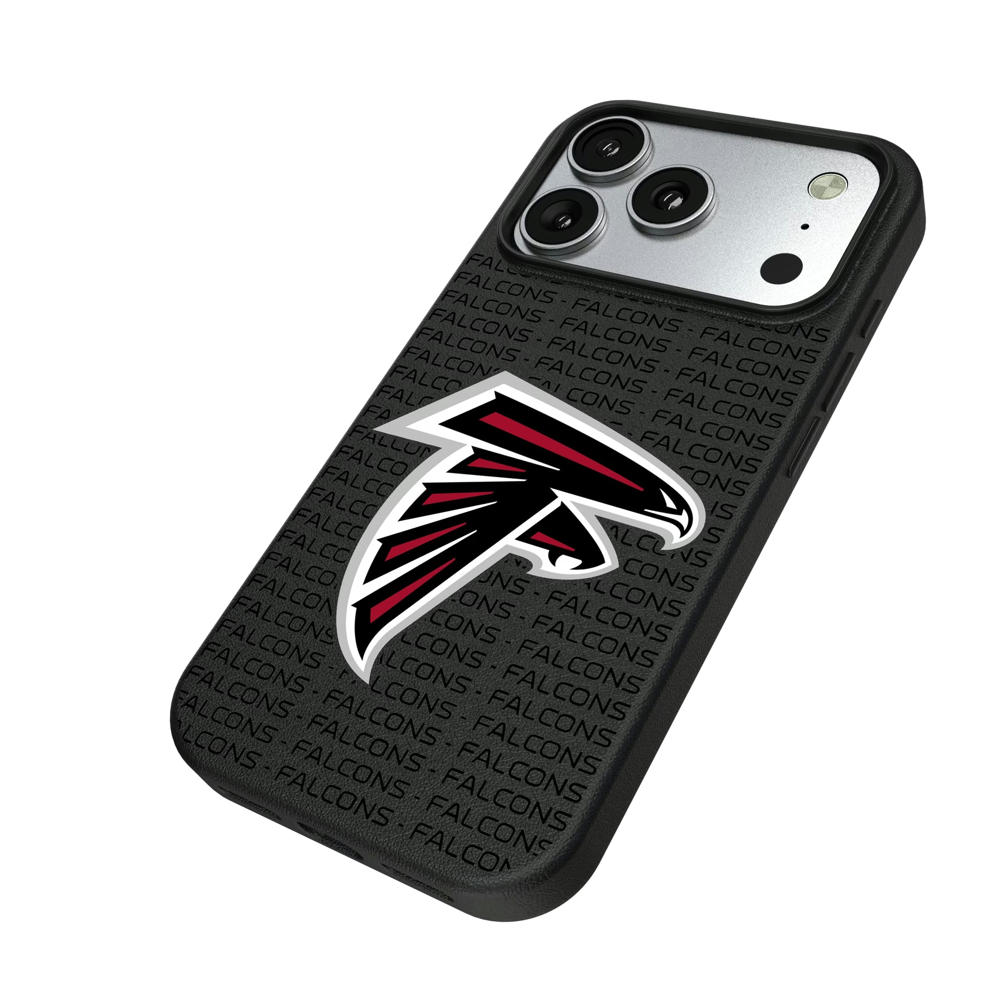 Atlanta Falcons Text Backdrop iPhone MagSafe Compatible Phone Case for Apple iPhone - Isometric View#Device_iPhone 17 Pro